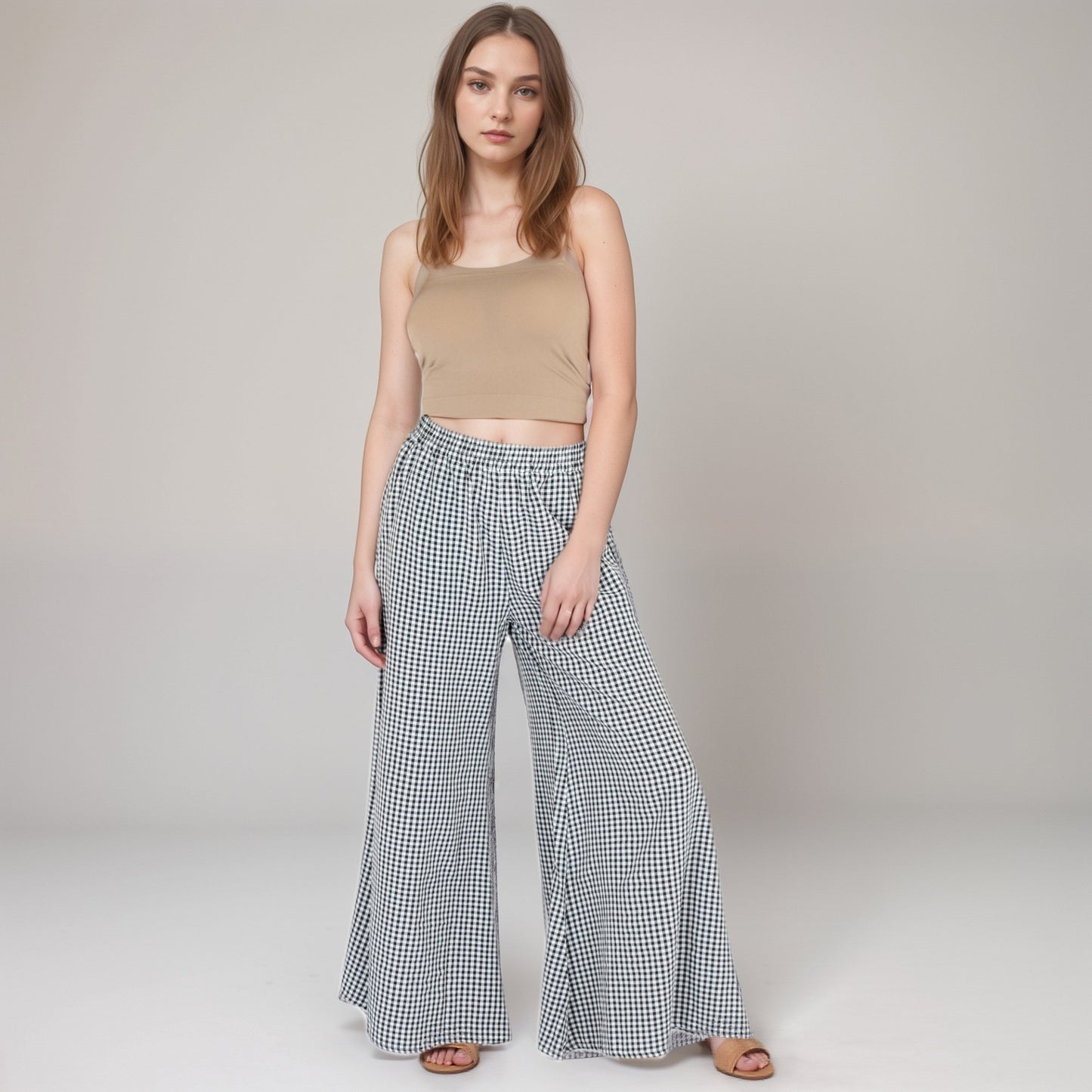 Anna-Kaci Women's Gingham Wide Leg Lounge Pants with Elastic Waistband Side Pockets and Soft Draped Full-Length Fit