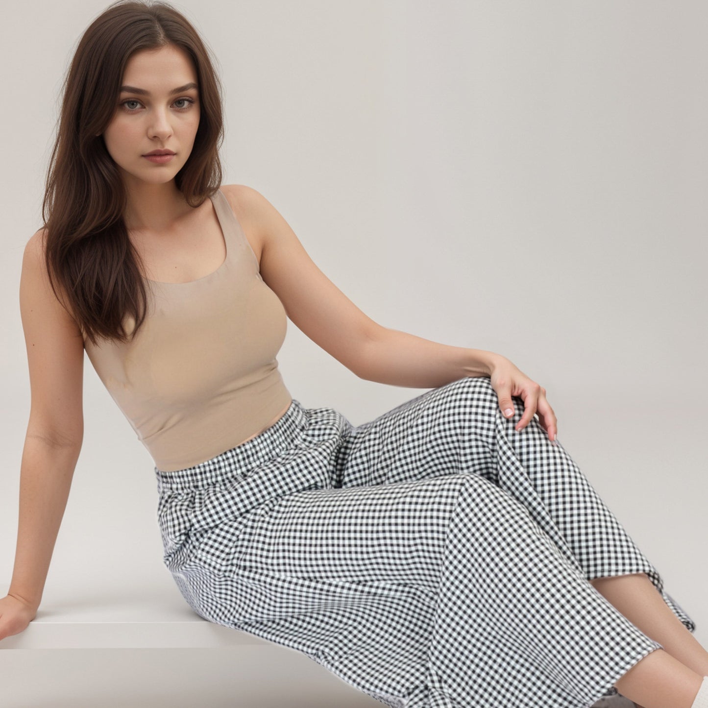 Anna-Kaci Women's Gingham Wide Leg Lounge Pants with Elastic Waistband Side Pockets and Soft Draped Full-Length Fit