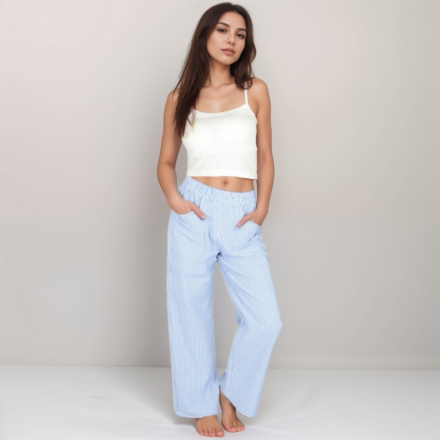 Anna-Kaci Women's Pink Pinstripe Lounge Pants with Elastic Waistband Large Front Patch Pockets and Relaxed Straight Leg Fit