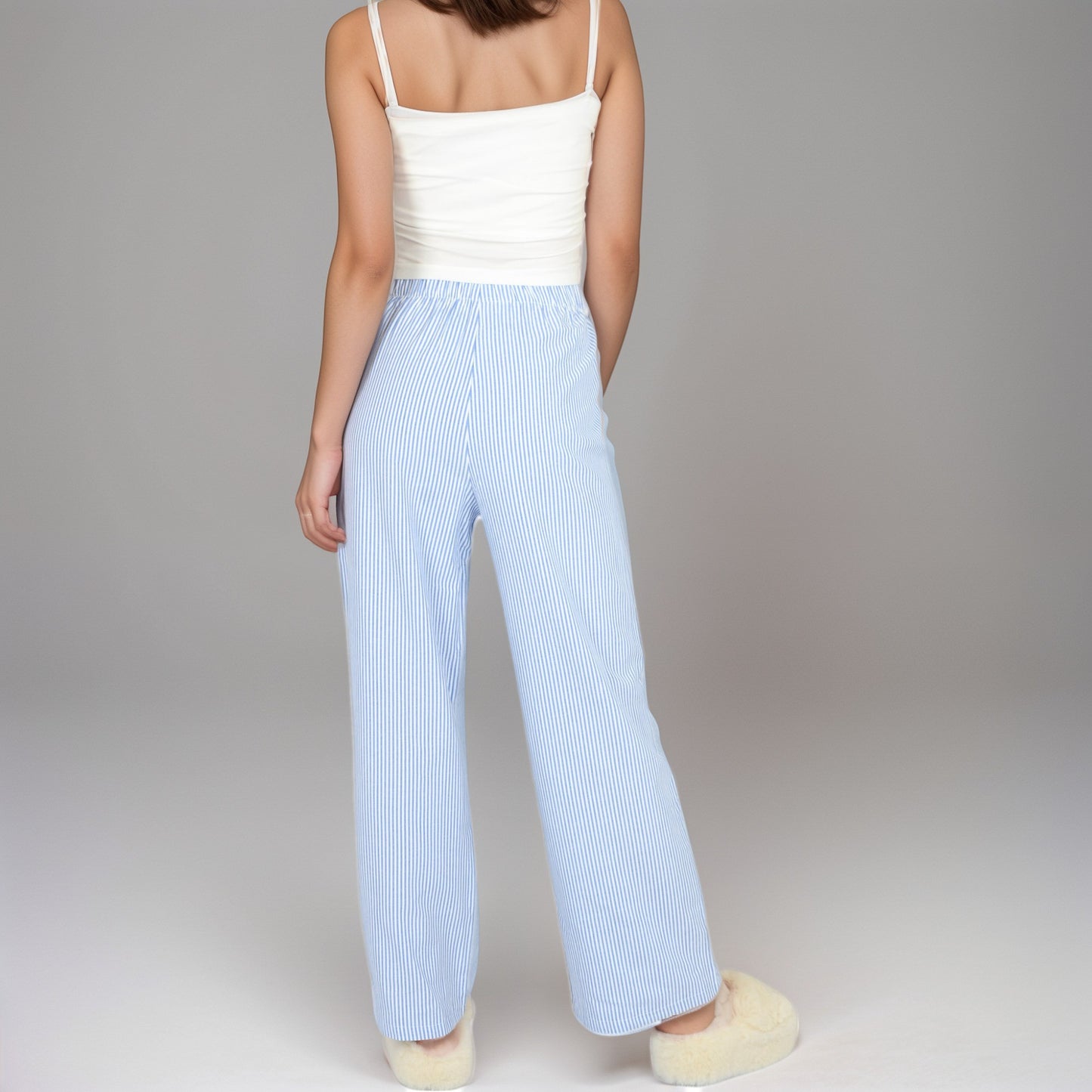 Anna-Kaci Women's Pink Pinstripe Lounge Pants with Elastic Waistband Large Front Patch Pockets and Relaxed Straight Leg Fit