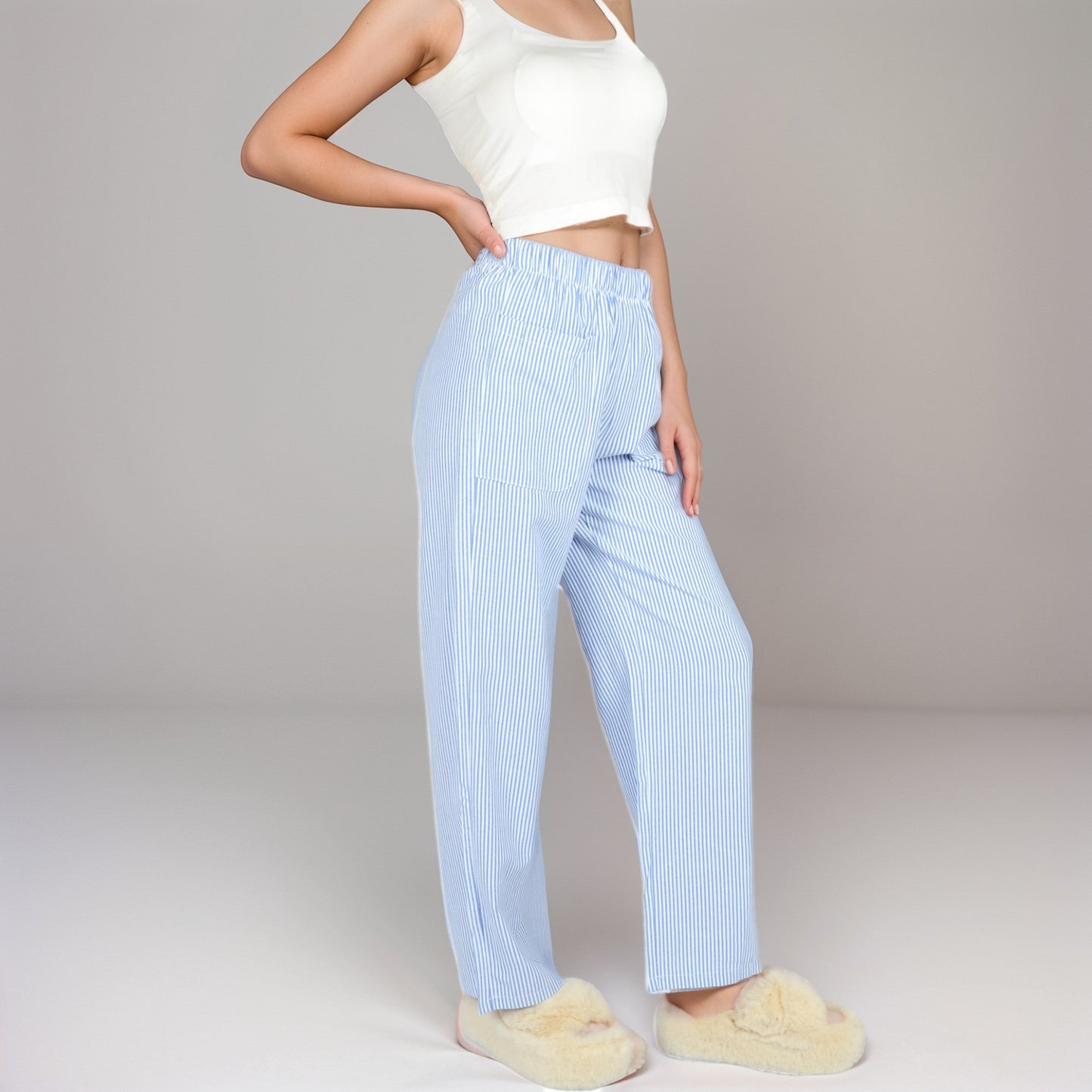 Anna-Kaci Women's Pink Pinstripe Lounge Pants with Elastic Waistband Large Front Patch Pockets and Relaxed Straight Leg Fit