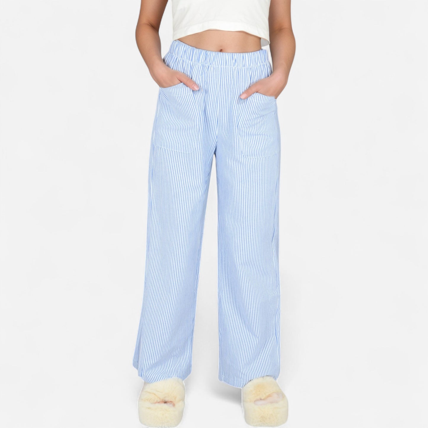 Anna-Kaci Women's Pink Pinstripe Lounge Pants with Elastic Waistband Large Front Patch Pockets and Relaxed Straight Leg Fit