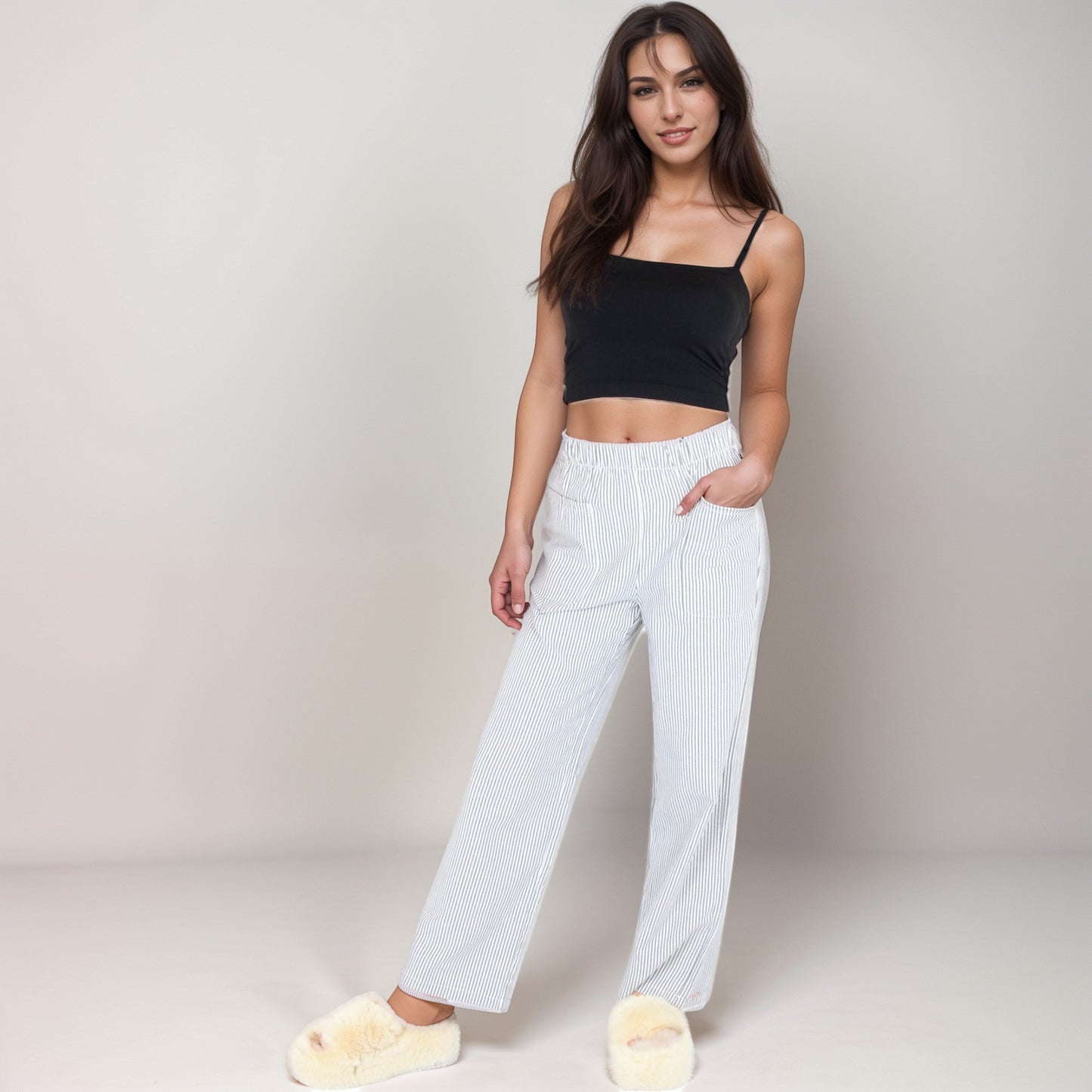 Anna-Kaci Women's Pink Pinstripe Lounge Pants with Elastic Waistband Large Front Patch Pockets and Relaxed Straight Leg Fit