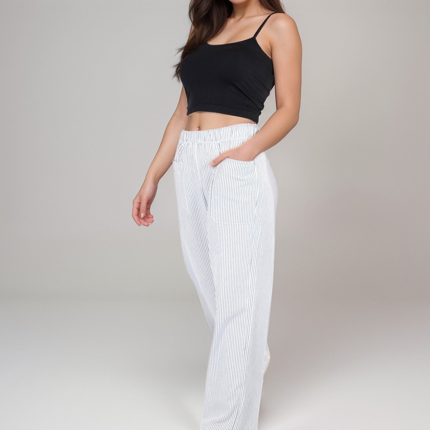 Anna-Kaci Women's Pink Pinstripe Lounge Pants with Elastic Waistband Large Front Patch Pockets and Relaxed Straight Leg Fit