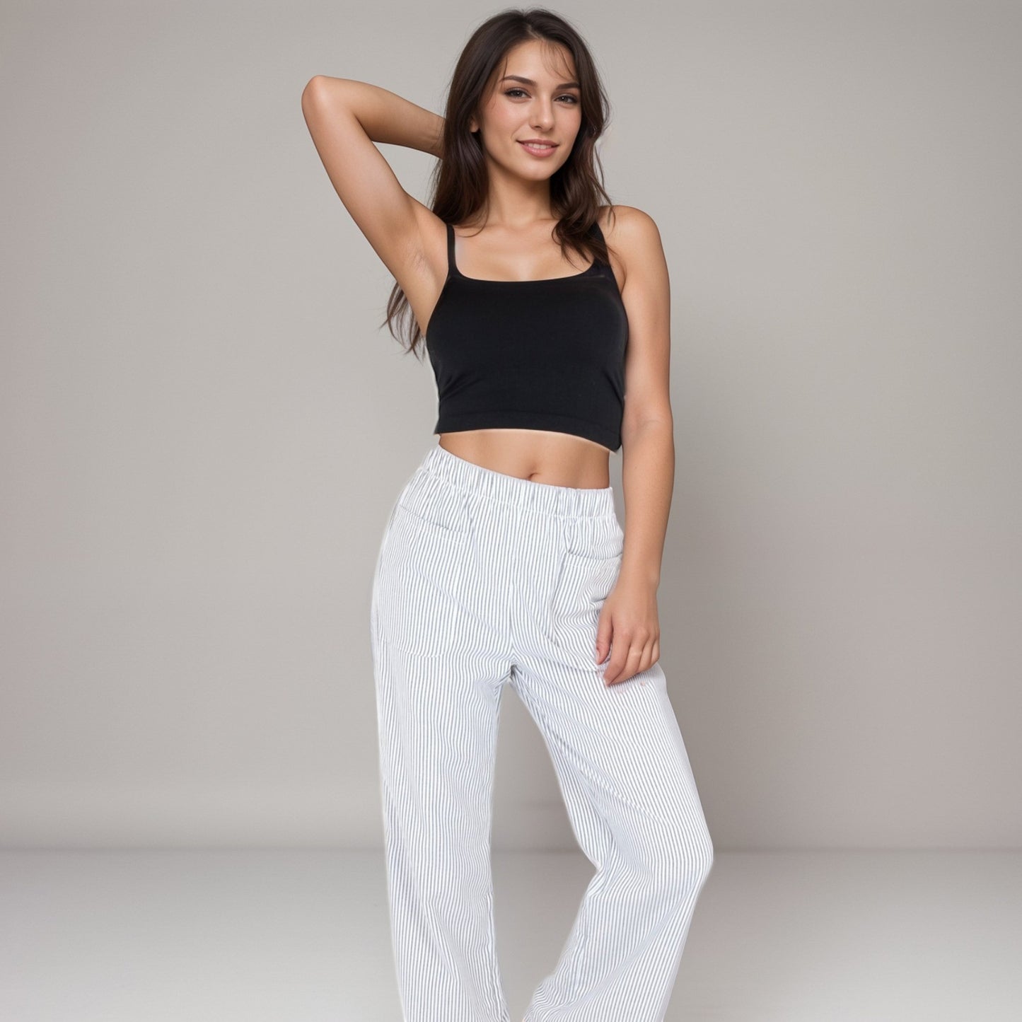 Anna-Kaci Women's Pink Pinstripe Lounge Pants with Elastic Waistband Large Front Patch Pockets and Relaxed Straight Leg Fit