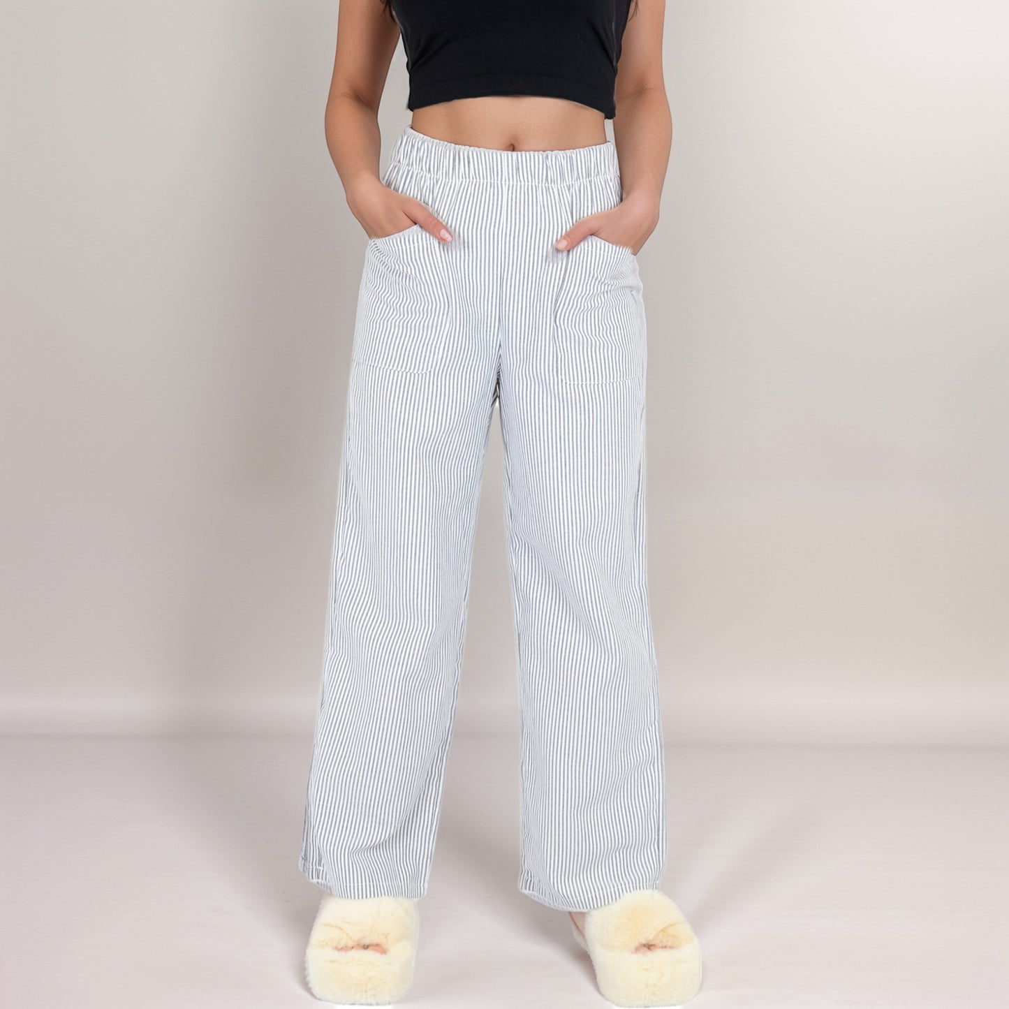Anna-Kaci Women's Pink Pinstripe Lounge Pants with Elastic Waistband Large Front Patch Pockets and Relaxed Straight Leg Fit