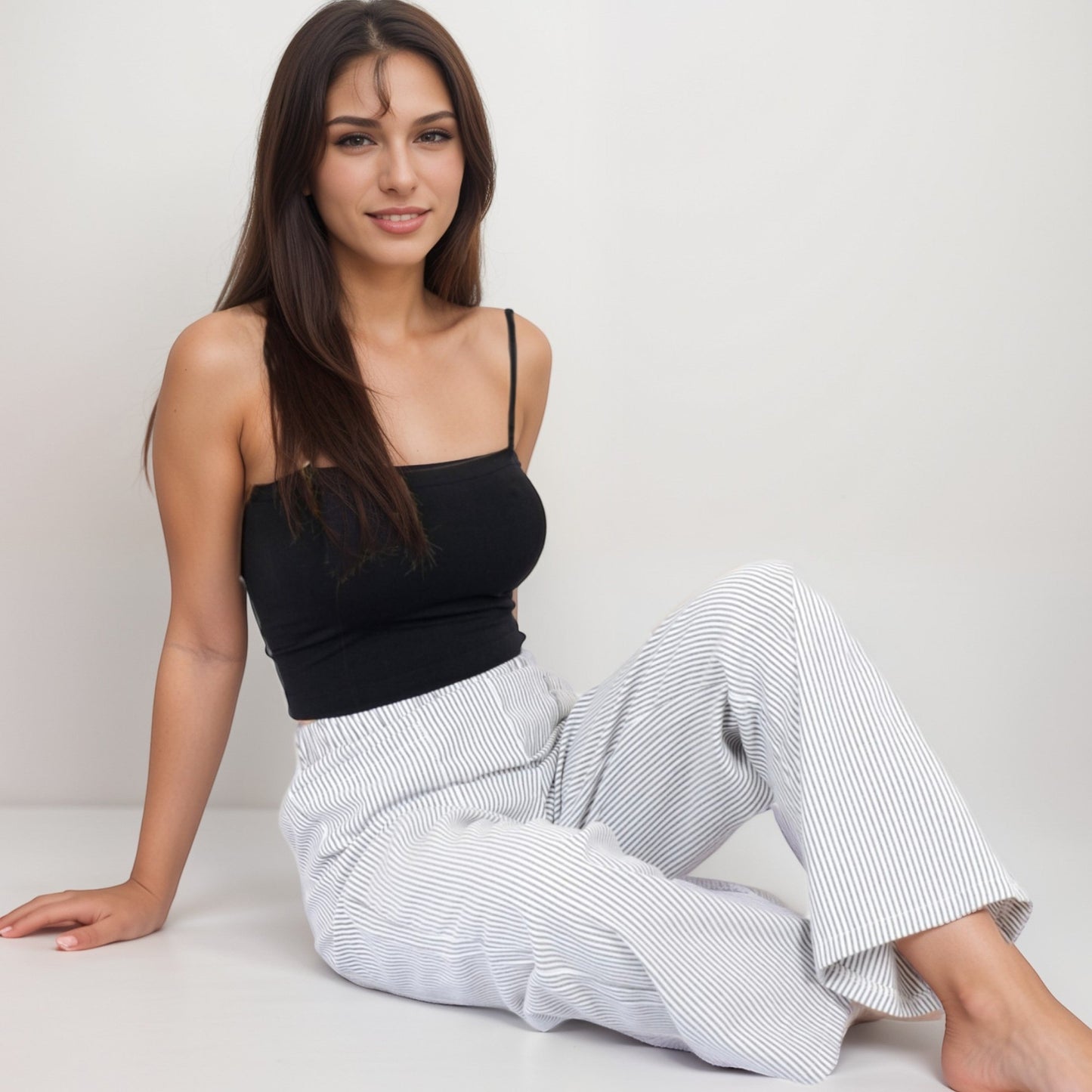 Anna-Kaci Women's Pink Pinstripe Lounge Pants with Elastic Waistband Large Front Patch Pockets and Relaxed Straight Leg Fit