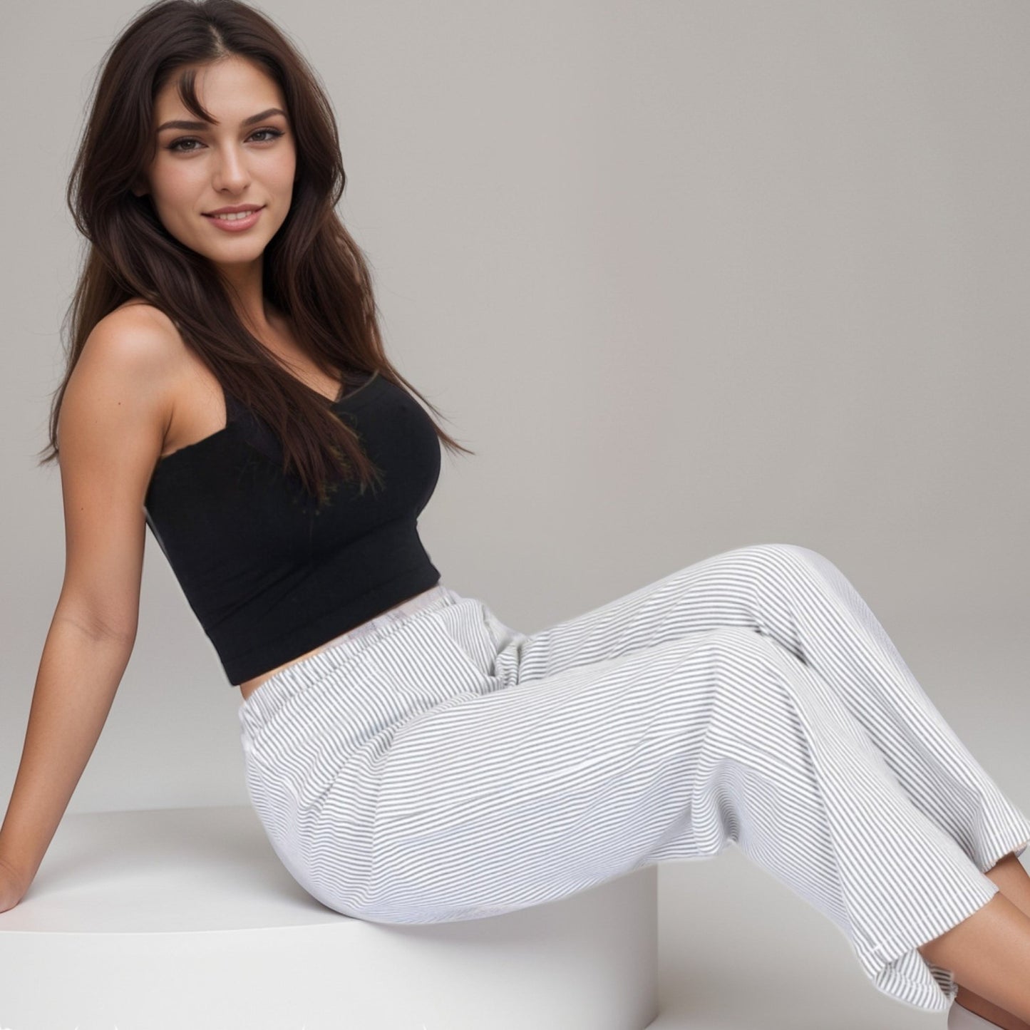 Anna-Kaci Women's Pink Pinstripe Lounge Pants with Elastic Waistband Large Front Patch Pockets and Relaxed Straight Leg Fit