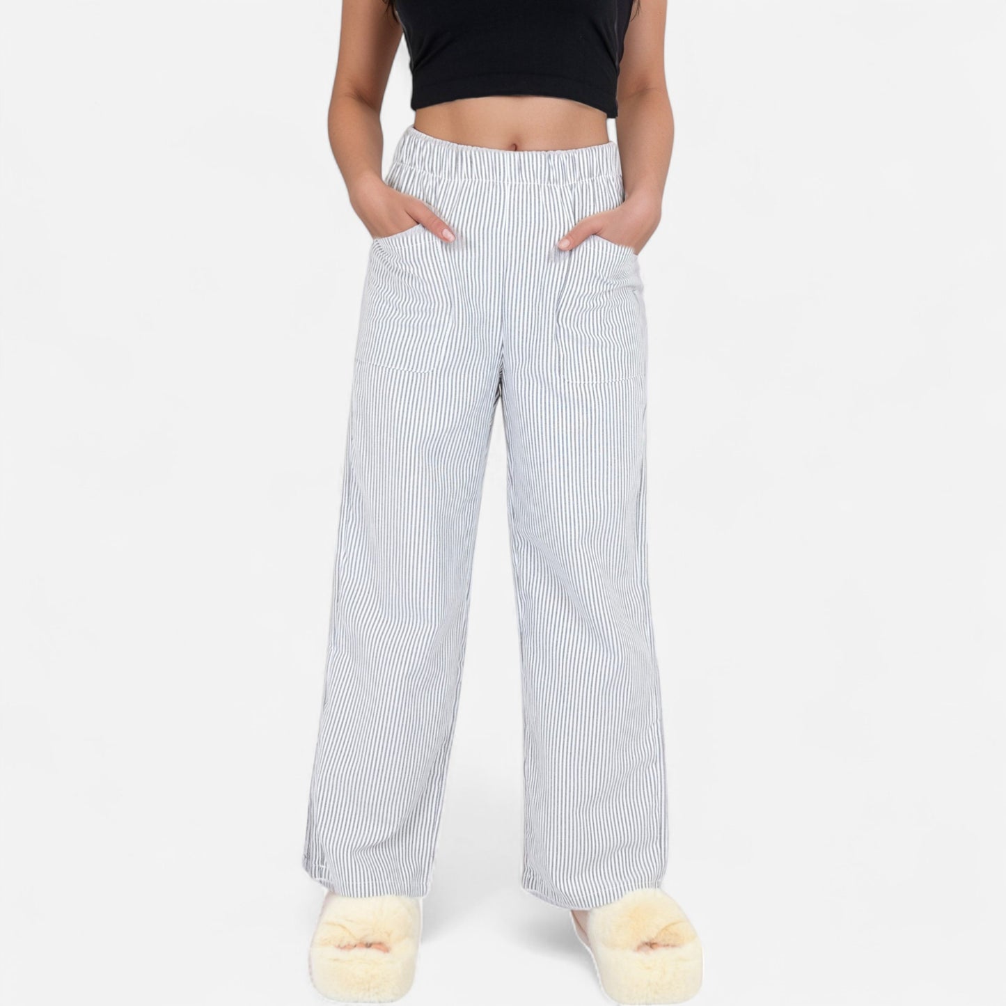 Anna-Kaci Women's Pink Pinstripe Lounge Pants with Elastic Waistband Large Front Patch Pockets and Relaxed Straight Leg Fit