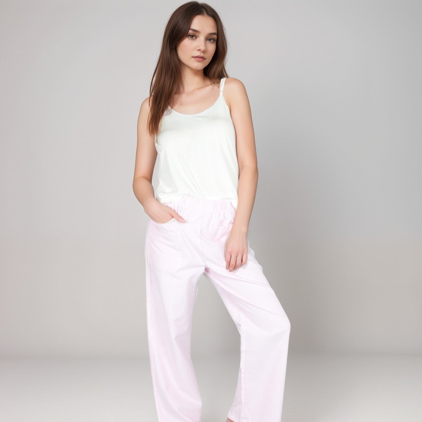 Anna-Kaci Women's Pink Pinstripe Lounge Pants with Elastic Waistband Large Front Patch Pockets and Relaxed Straight Leg Fit