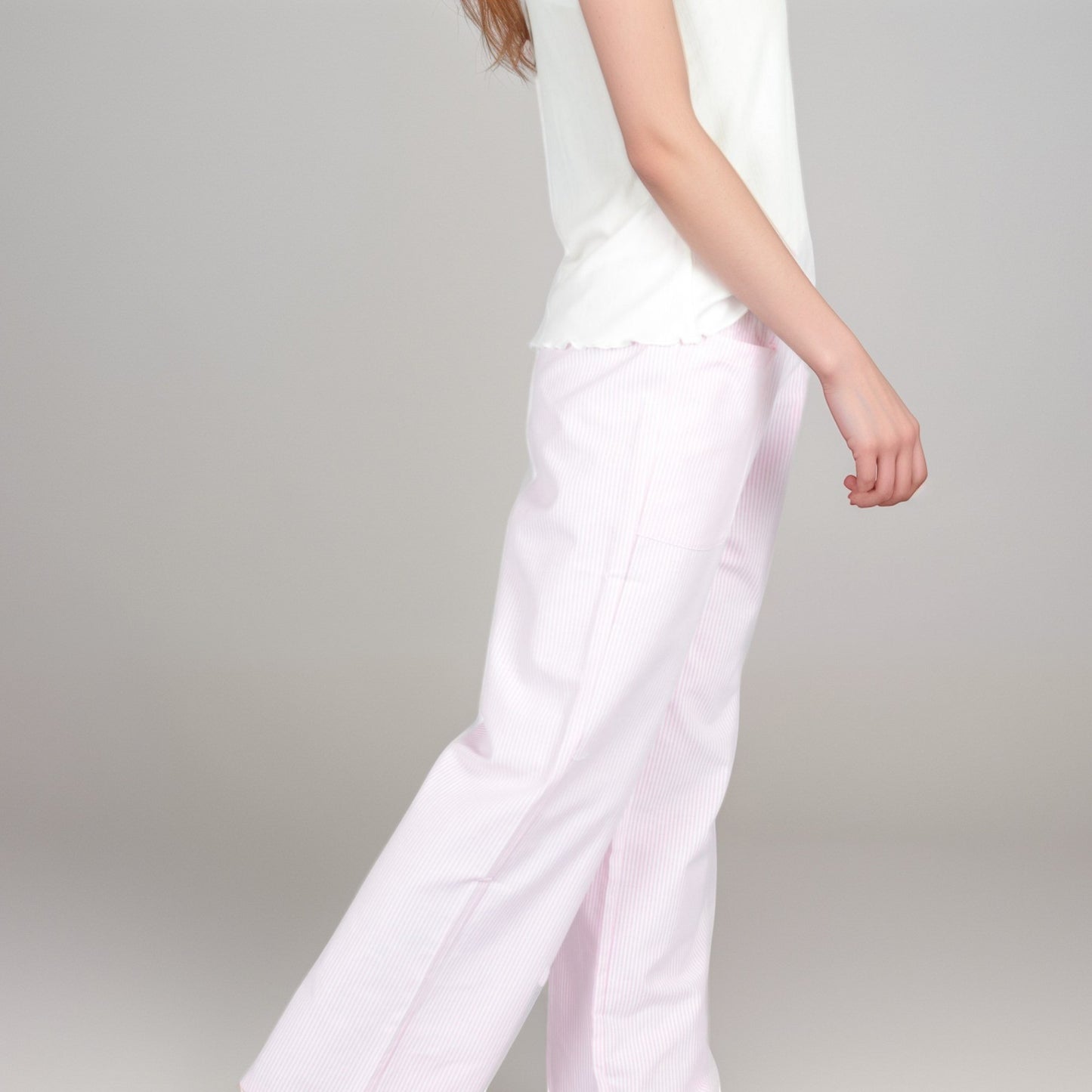 Anna-Kaci Women's Pink Pinstripe Lounge Pants with Elastic Waistband Large Front Patch Pockets and Relaxed Straight Leg Fit