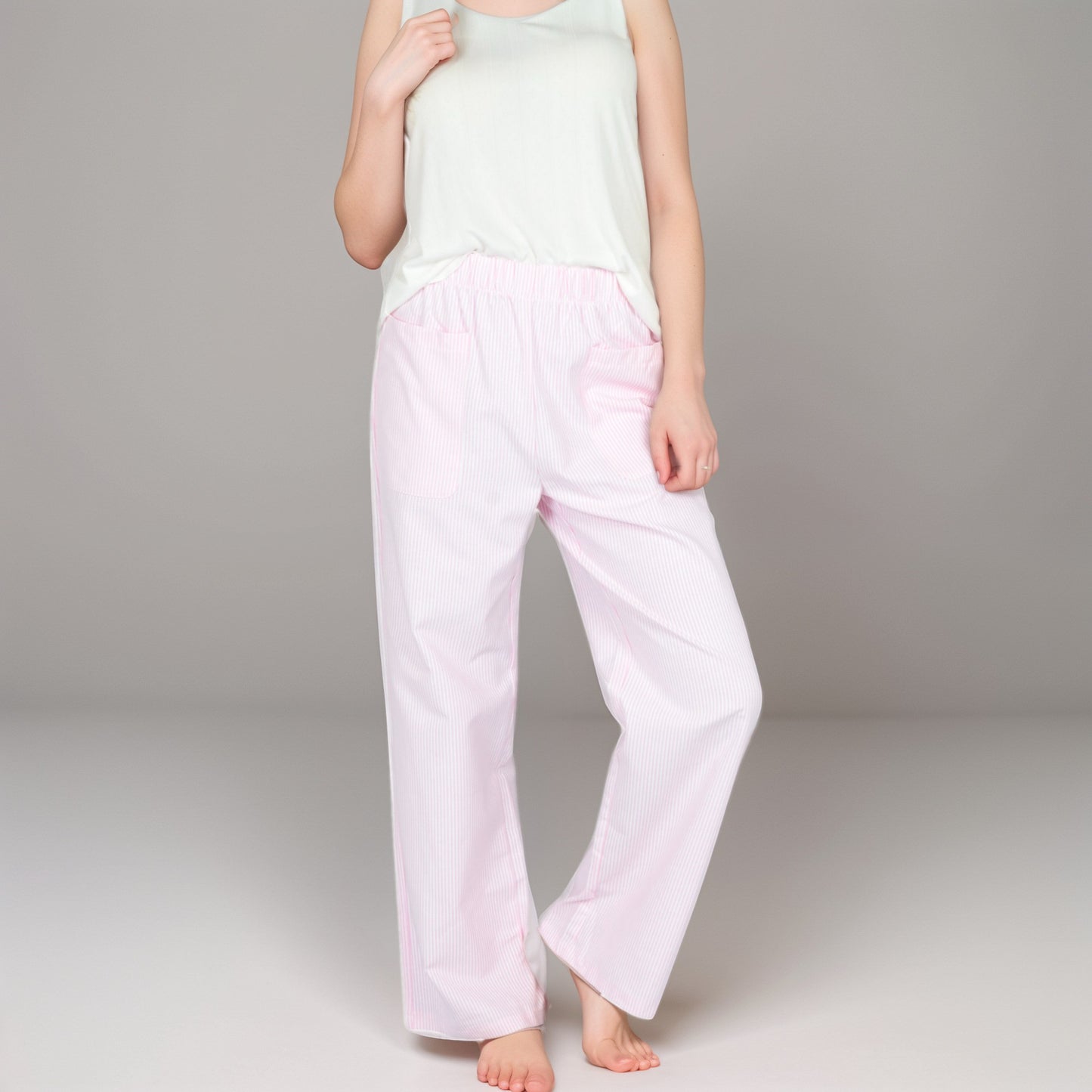 Anna-Kaci Women's Pink Pinstripe Lounge Pants with Elastic Waistband Large Front Patch Pockets and Relaxed Straight Leg Fit