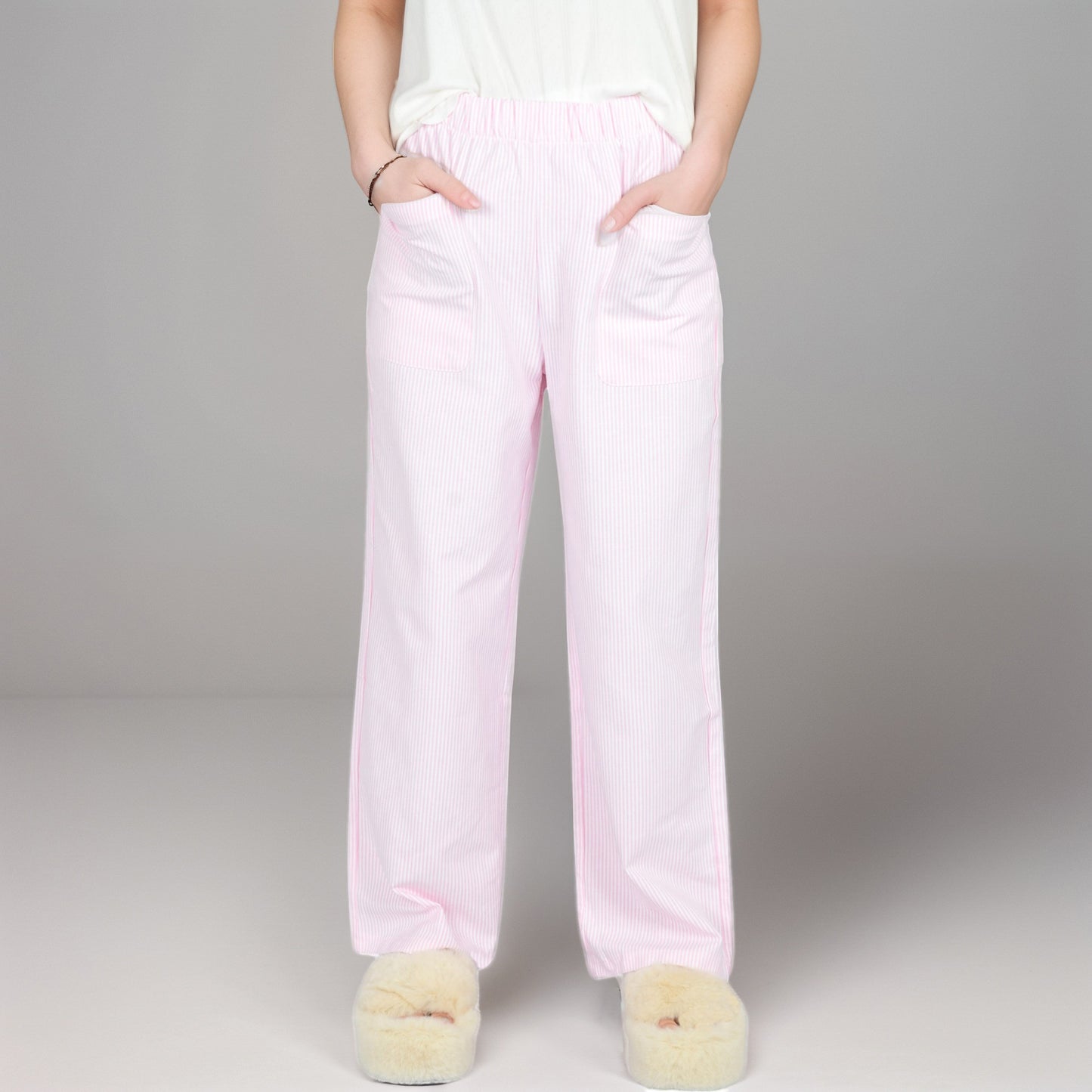 Anna-Kaci Women's Pink Pinstripe Lounge Pants with Elastic Waistband Large Front Patch Pockets and Relaxed Straight Leg Fit