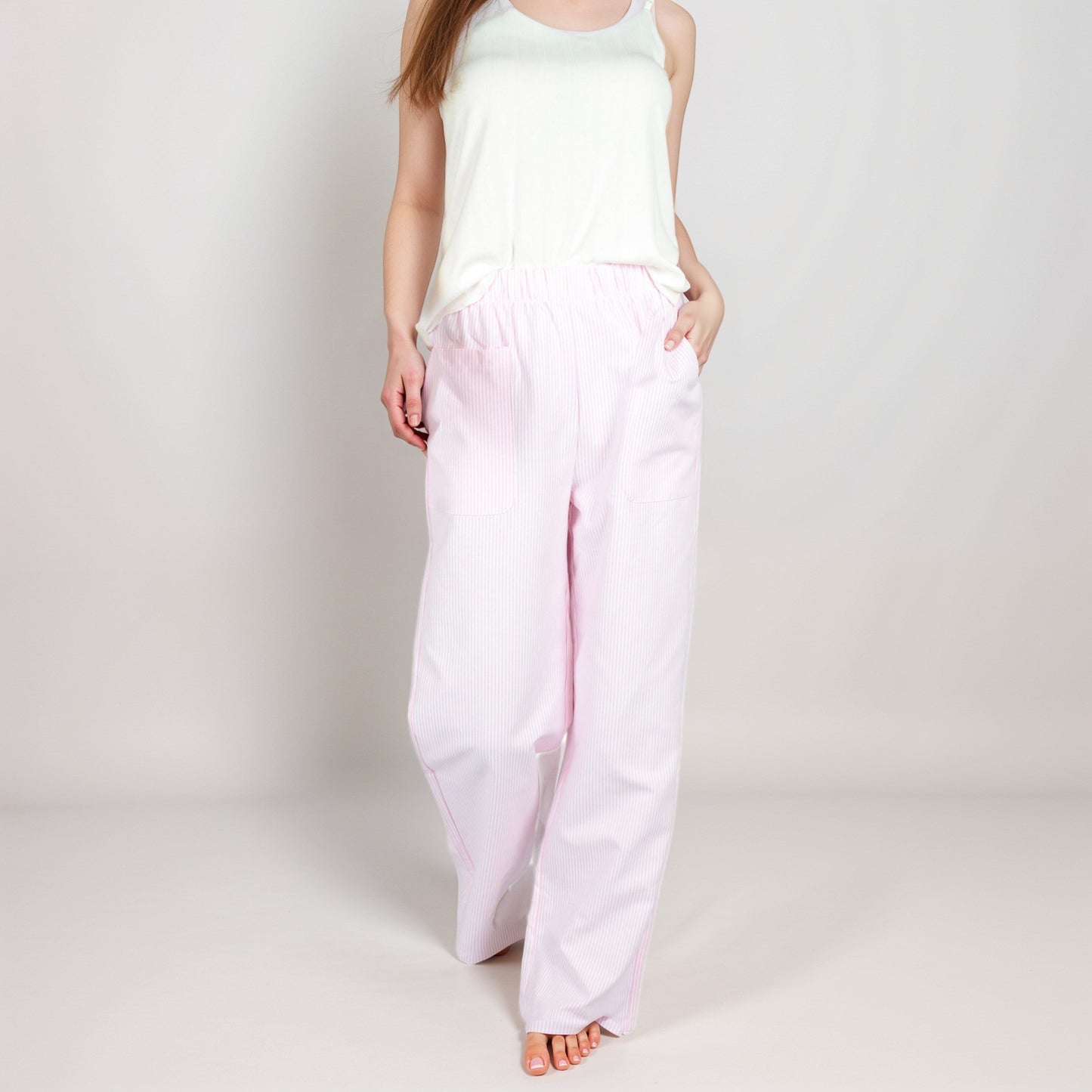 Anna-Kaci Women's Pink Pinstripe Lounge Pants with Elastic Waistband Large Front Patch Pockets and Relaxed Straight Leg Fit