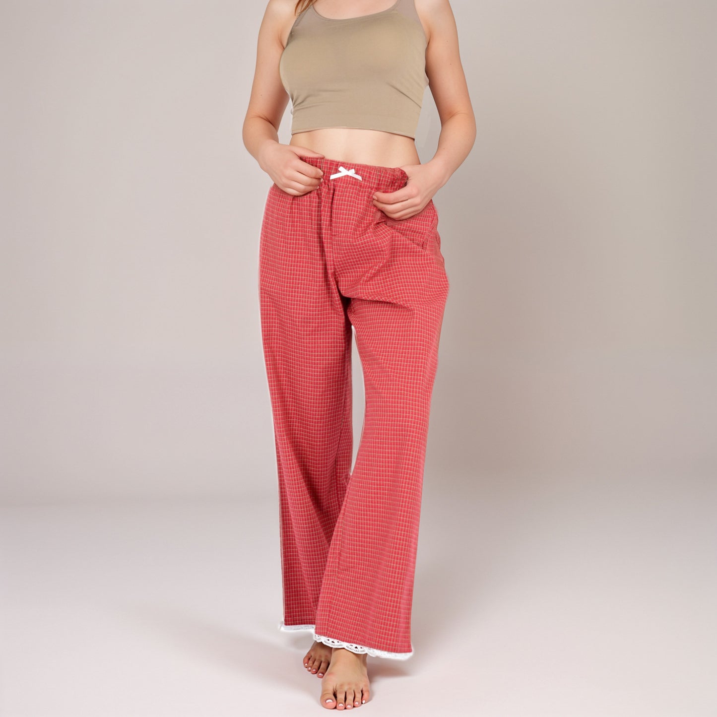 Anna-Kaci Women's Red Checkered Lounge Pants with Elastic Waistband White Bow Tie Detail and Relaxed Full-Length Wide Leg Fit
