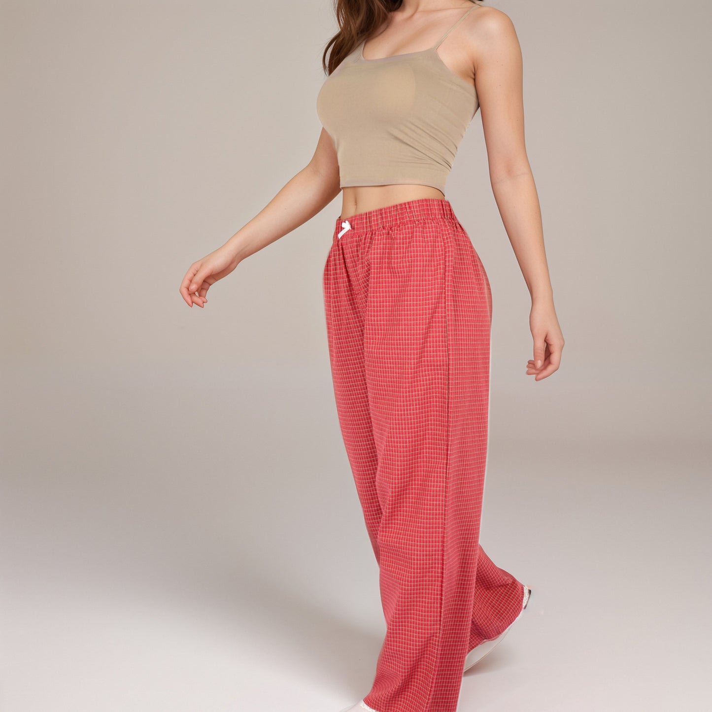 Anna-Kaci Women's Red Checkered Lounge Pants with Elastic Waistband White Bow Tie Detail and Relaxed Full-Length Wide Leg Fit