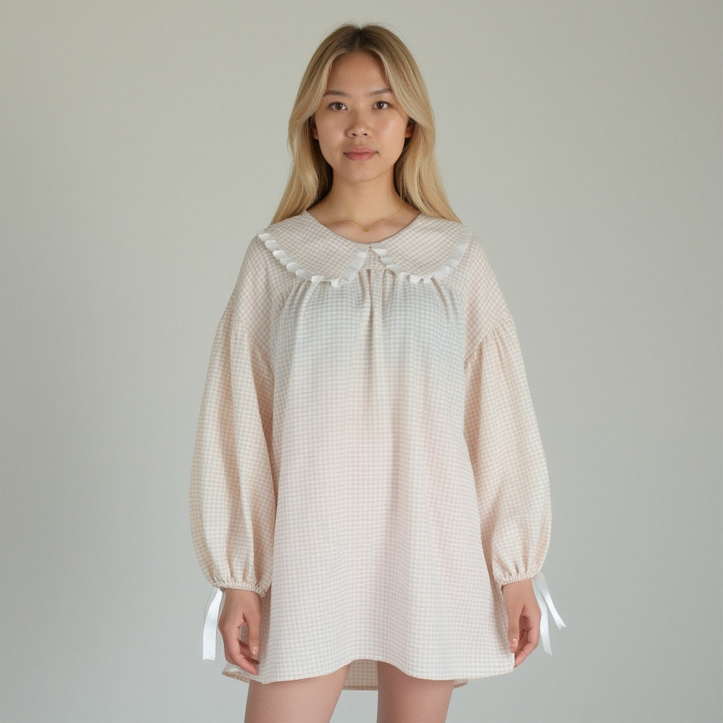 Anna-Kaci Lounge Women's Gingham Long Sleeve Nightgown with Peter Pan Collar and Ribbon Trim Detail