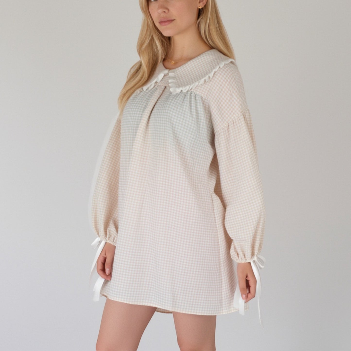 Anna-Kaci Lounge Women's Gingham Long Sleeve Nightgown with Peter Pan Collar and Ribbon Trim Detail