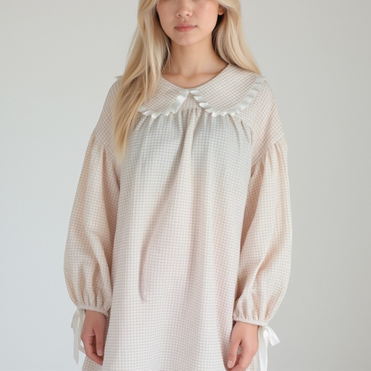 Anna-Kaci Lounge Women's Gingham Long Sleeve Nightgown with Peter Pan Collar and Ribbon Trim Detail