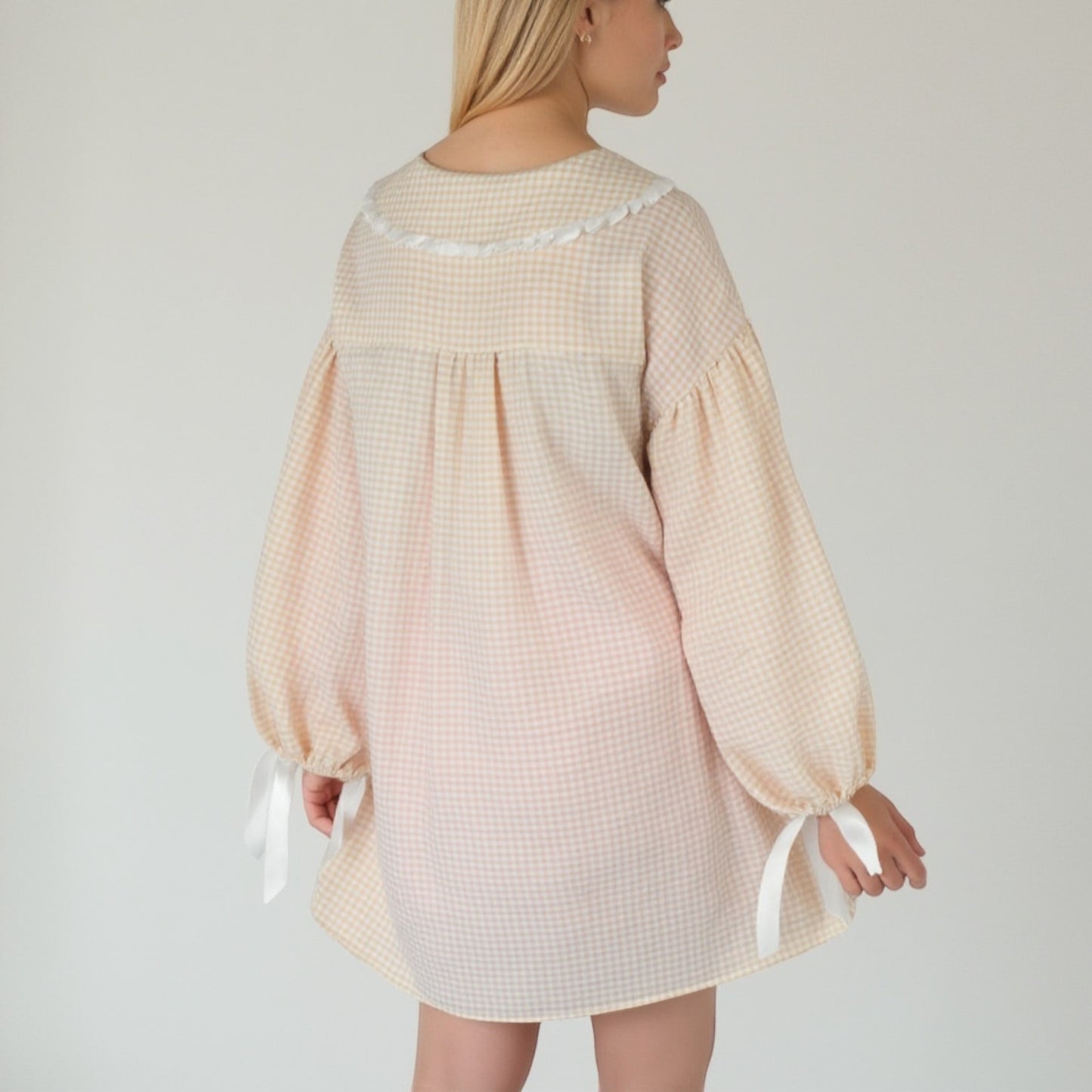 Anna-Kaci Lounge Women's Gingham Long Sleeve Nightgown with Peter Pan Collar and Ribbon Trim Detail