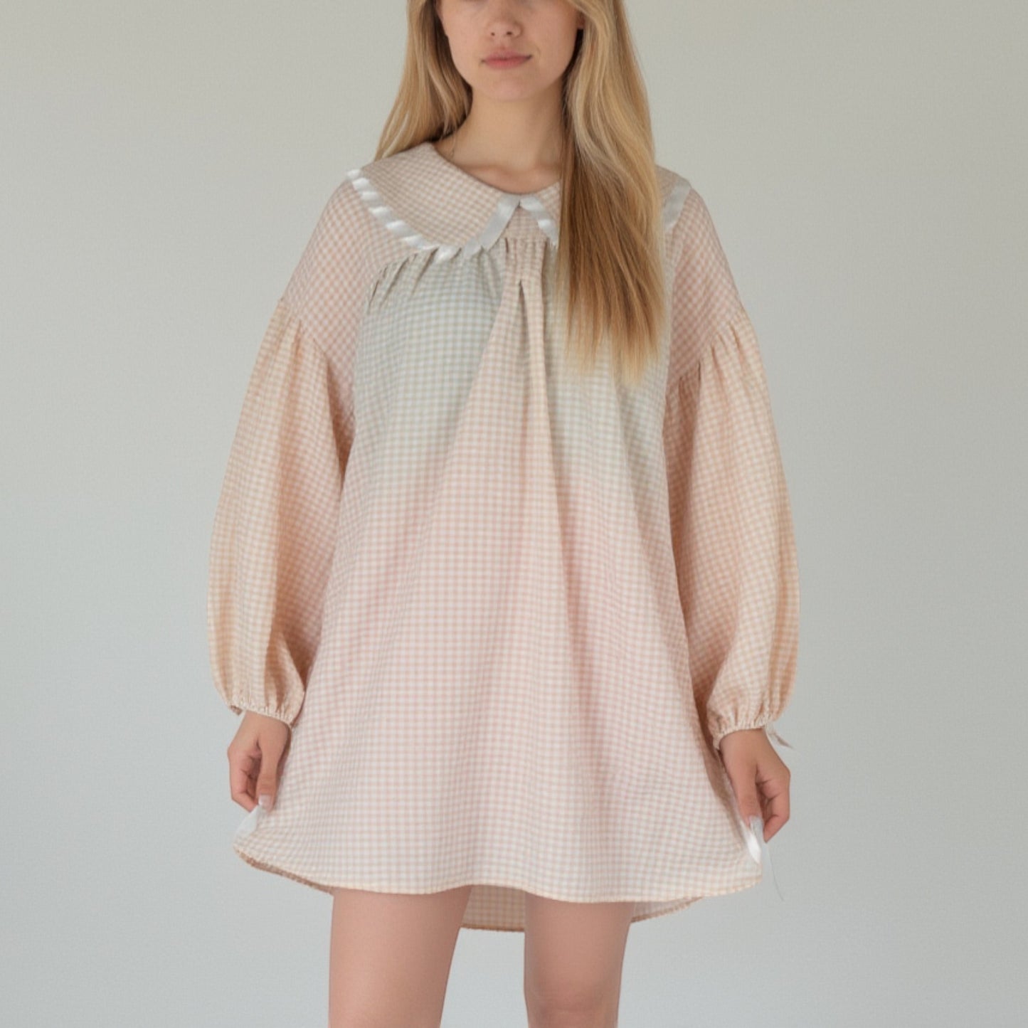 Anna-Kaci Lounge Women's Gingham Long Sleeve Nightgown with Peter Pan Collar and Ribbon Trim Detail
