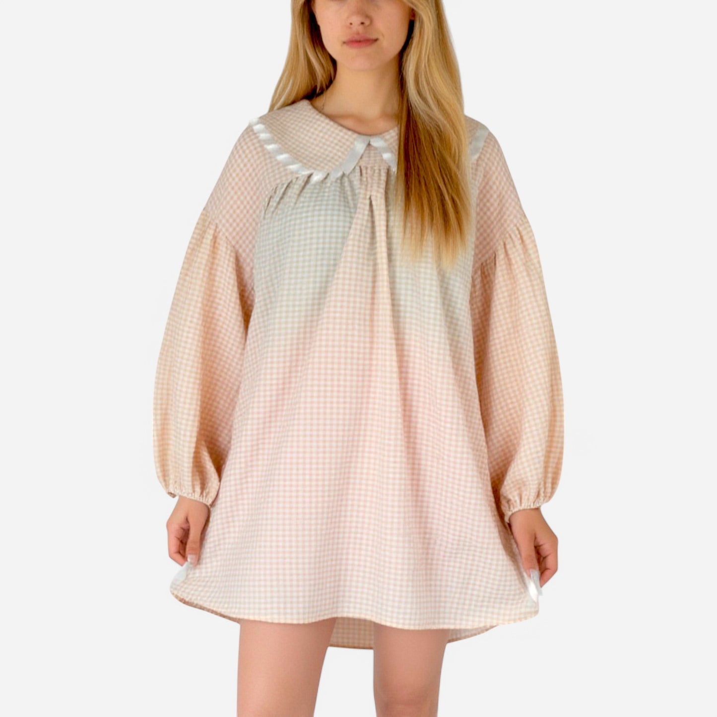 Anna-Kaci Lounge Women's Gingham Long Sleeve Nightgown with Peter Pan Collar and Ribbon Trim Detail