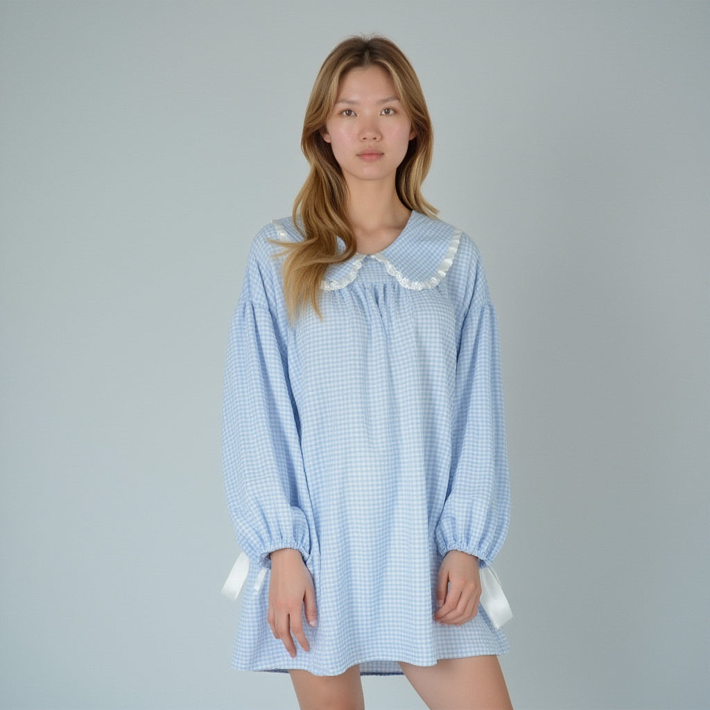 Anna-Kaci Lounge Women's Gingham Long Sleeve Nightgown with Peter Pan Collar and Ribbon Trim Detail