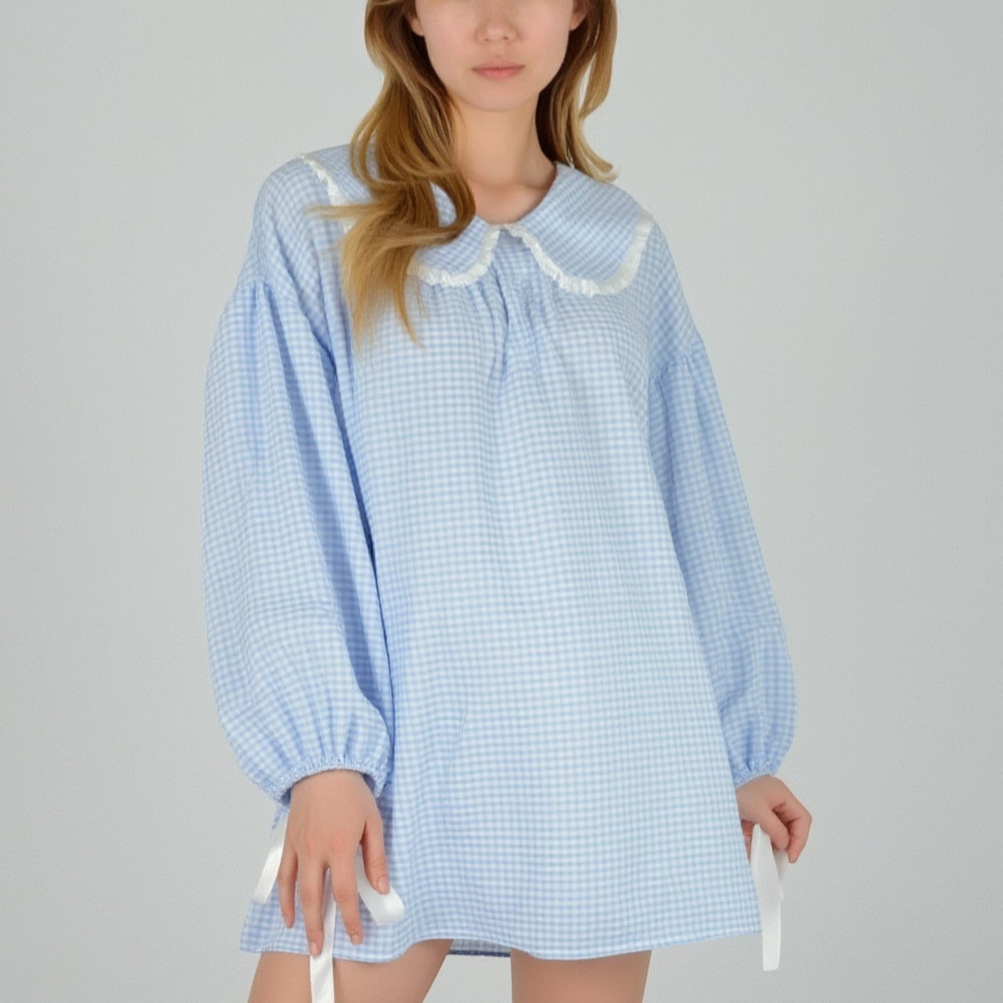 Anna-Kaci Lounge Women's Gingham Long Sleeve Nightgown with Peter Pan Collar and Ribbon Trim Detail