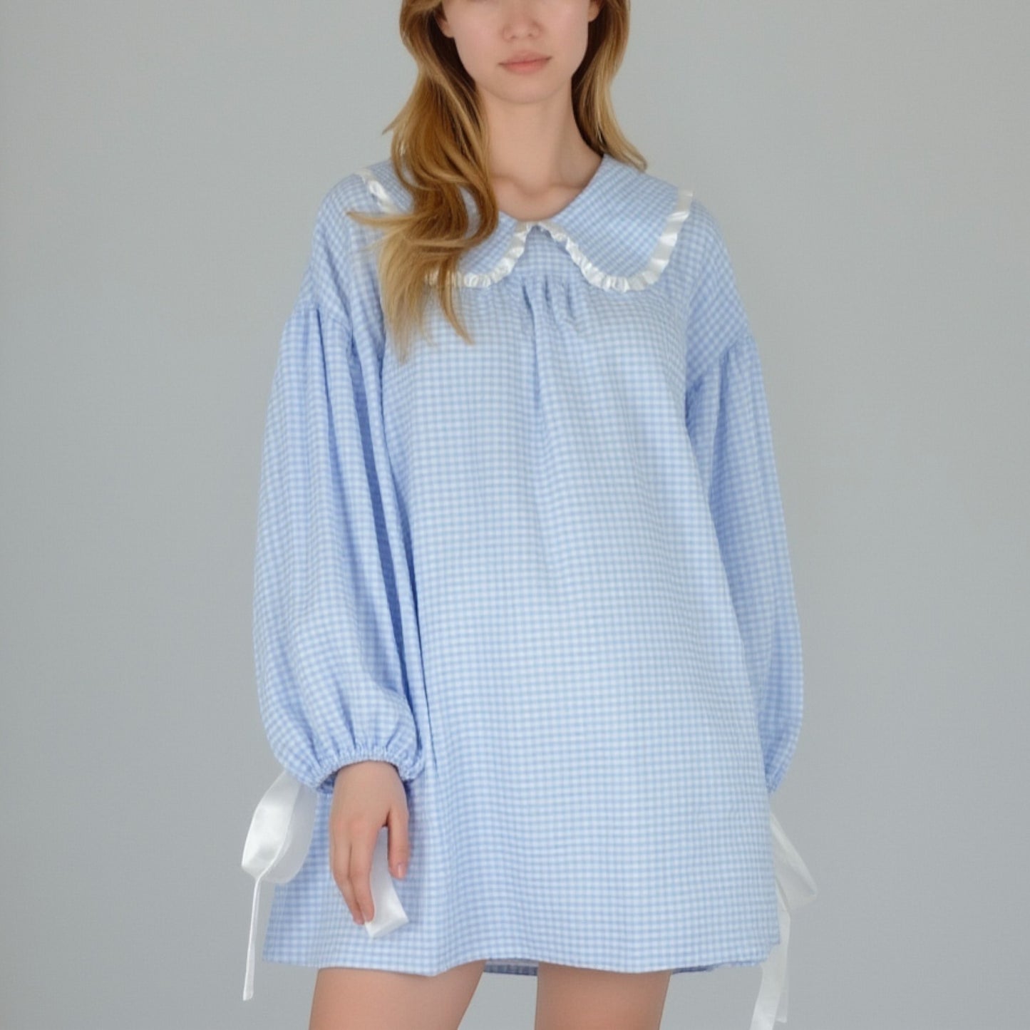 Anna-Kaci Lounge Women's Gingham Long Sleeve Nightgown with Peter Pan Collar and Ribbon Trim Detail