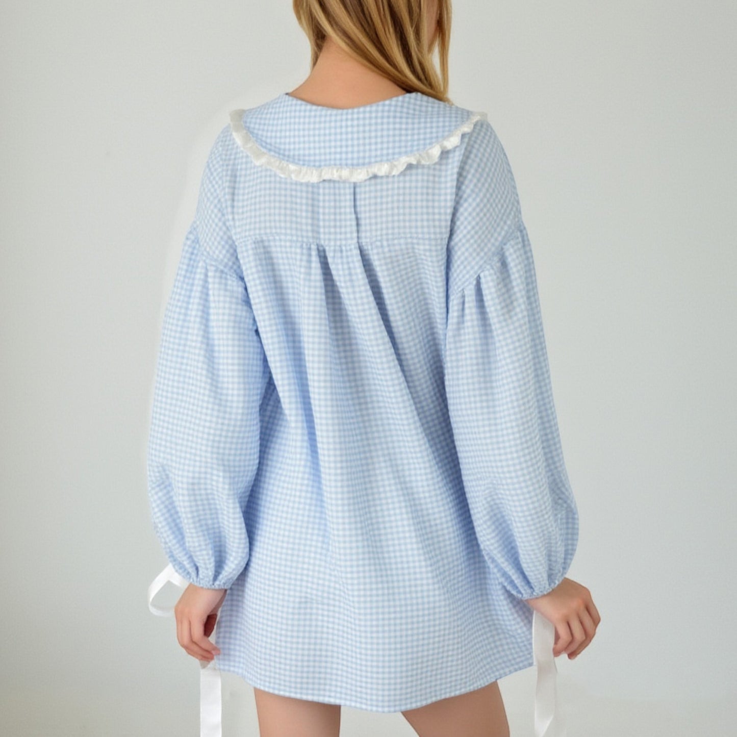 Anna-Kaci Lounge Women's Gingham Long Sleeve Nightgown with Peter Pan Collar and Ribbon Trim Detail
