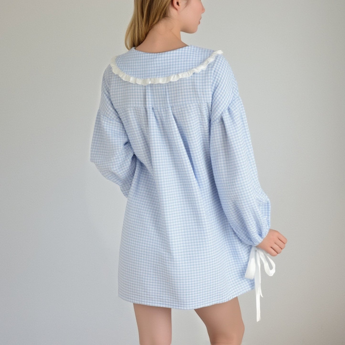 Anna-Kaci Lounge Women's Gingham Long Sleeve Nightgown with Peter Pan Collar and Ribbon Trim Detail