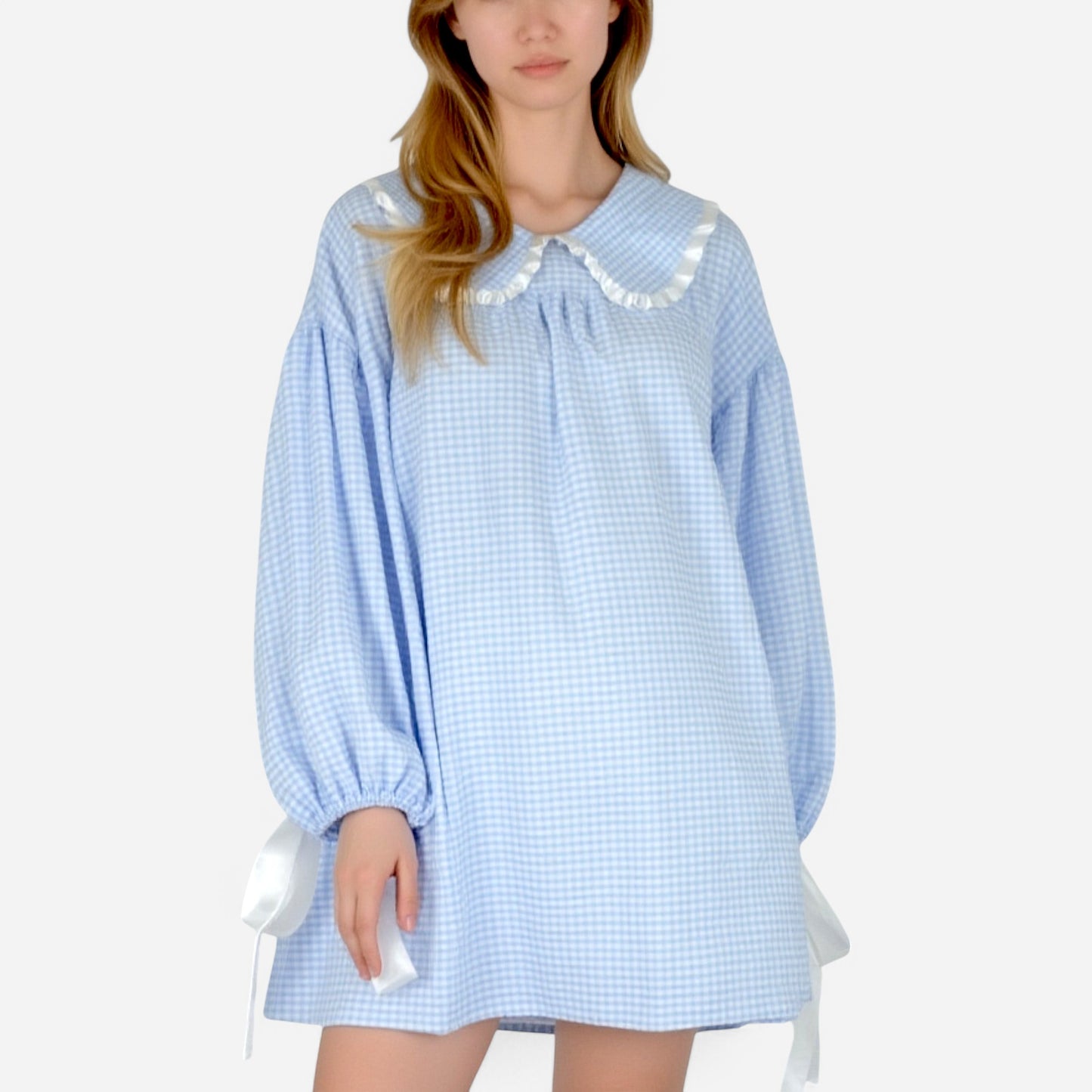 Anna-Kaci Lounge Women's Gingham Long Sleeve Nightgown with Peter Pan Collar and Ribbon Trim Detail