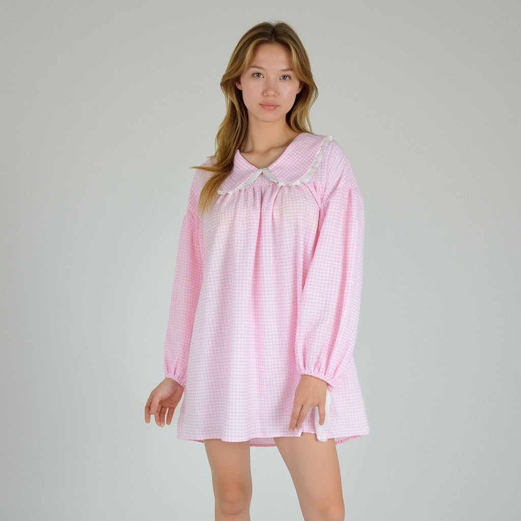 Anna-Kaci Lounge Women's Gingham Long Sleeve Nightgown with Peter Pan Collar and Ribbon Trim Detail