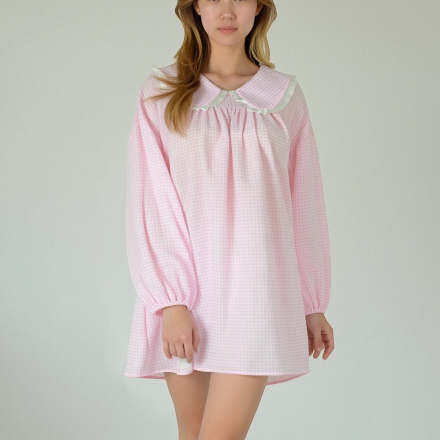 Anna-Kaci Lounge Women's Gingham Long Sleeve Nightgown with Peter Pan Collar and Ribbon Trim Detail