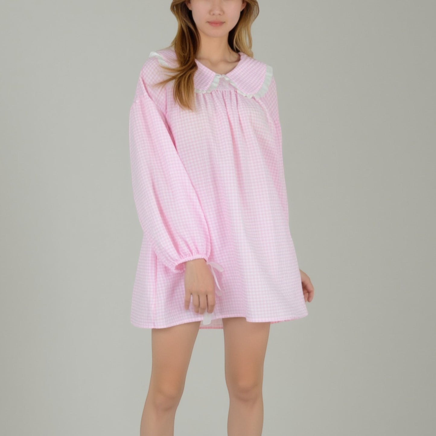 Anna-Kaci Lounge Women's Gingham Long Sleeve Nightgown with Peter Pan Collar and Ribbon Trim Detail