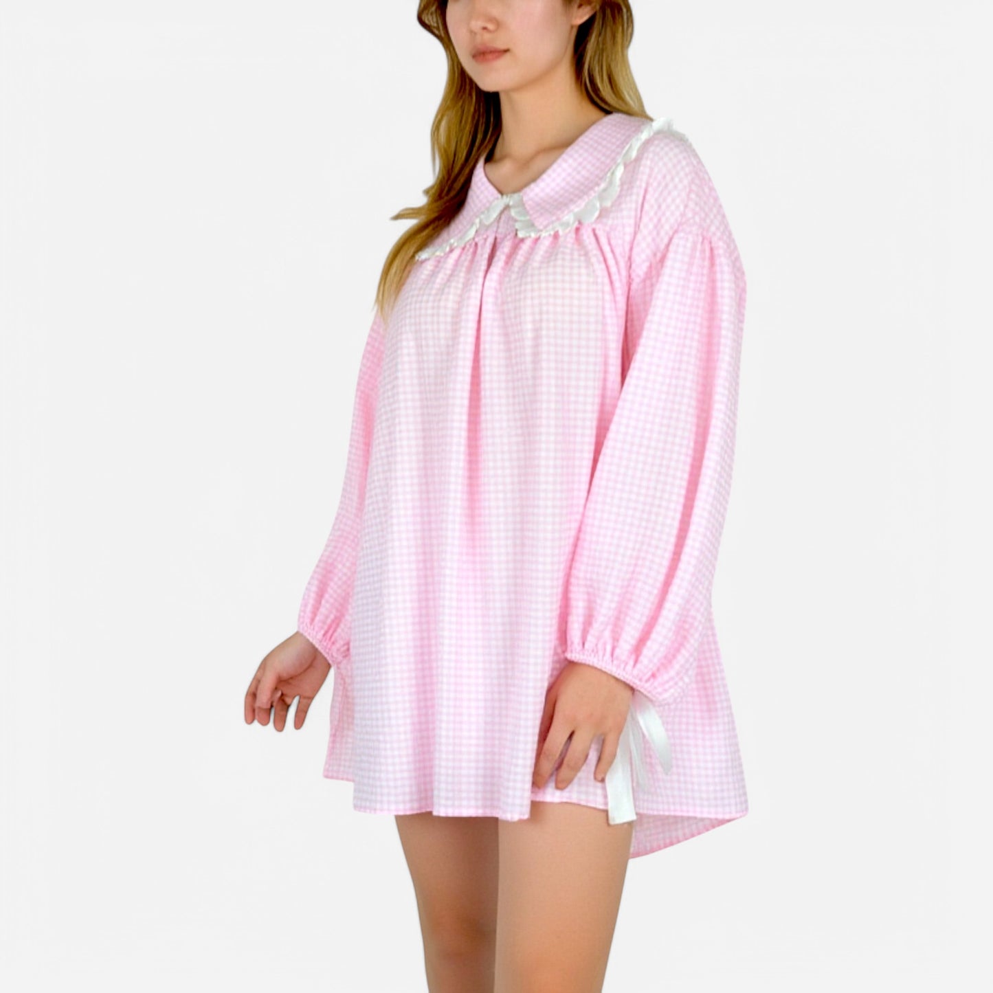 Anna-Kaci Lounge Women's Gingham Long Sleeve Nightgown with Peter Pan Collar and Ribbon Trim Detail