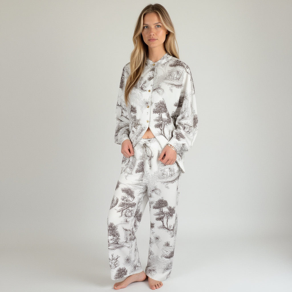 Anna-Kaci Lounge Women's Toile Print Button Up Pajama Set with Long Sleeve Top and Elastic Waist Drawstring Pants