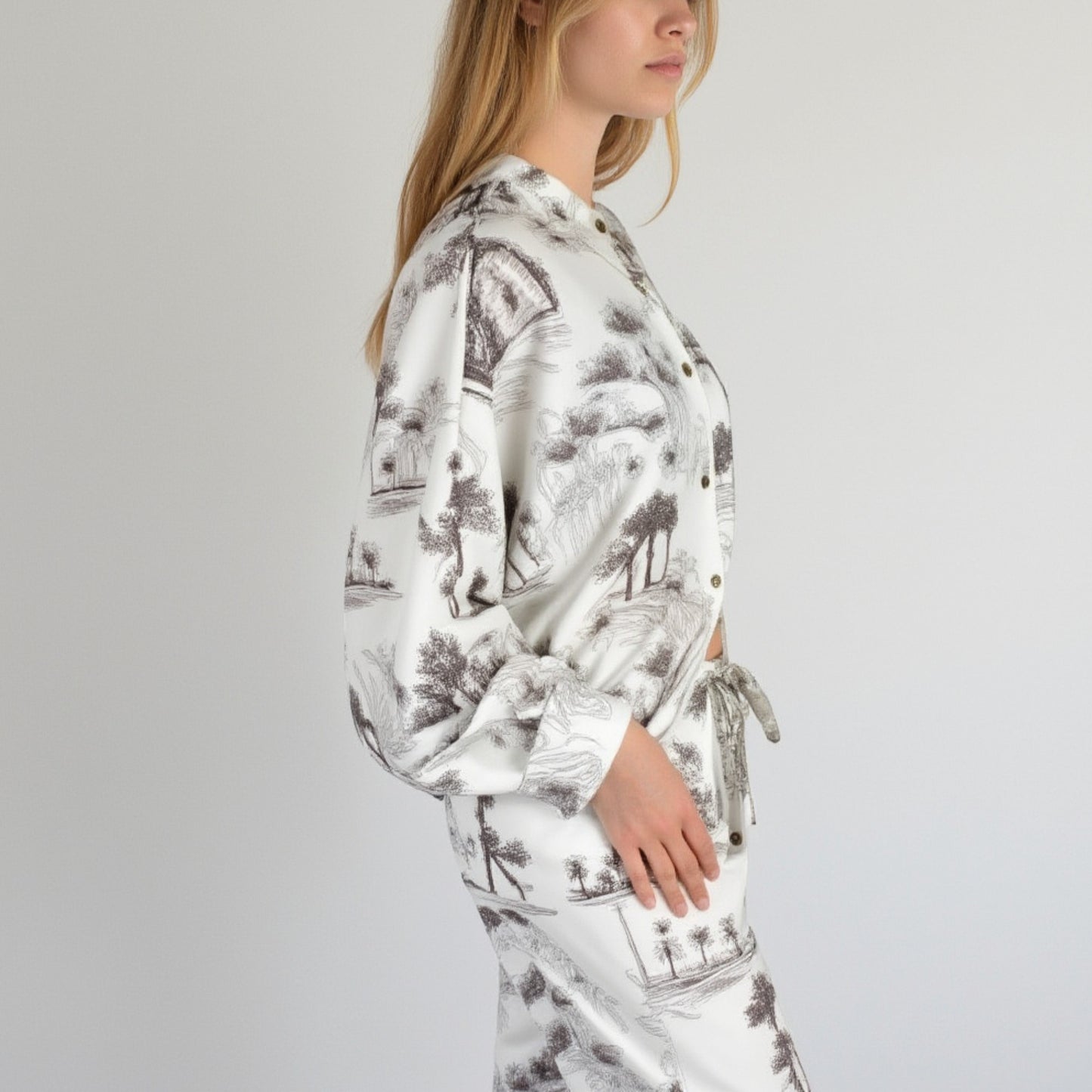 Anna-Kaci Lounge Women's Toile Print Button Up Pajama Set with Long Sleeve Top and Elastic Waist Drawstring Pants