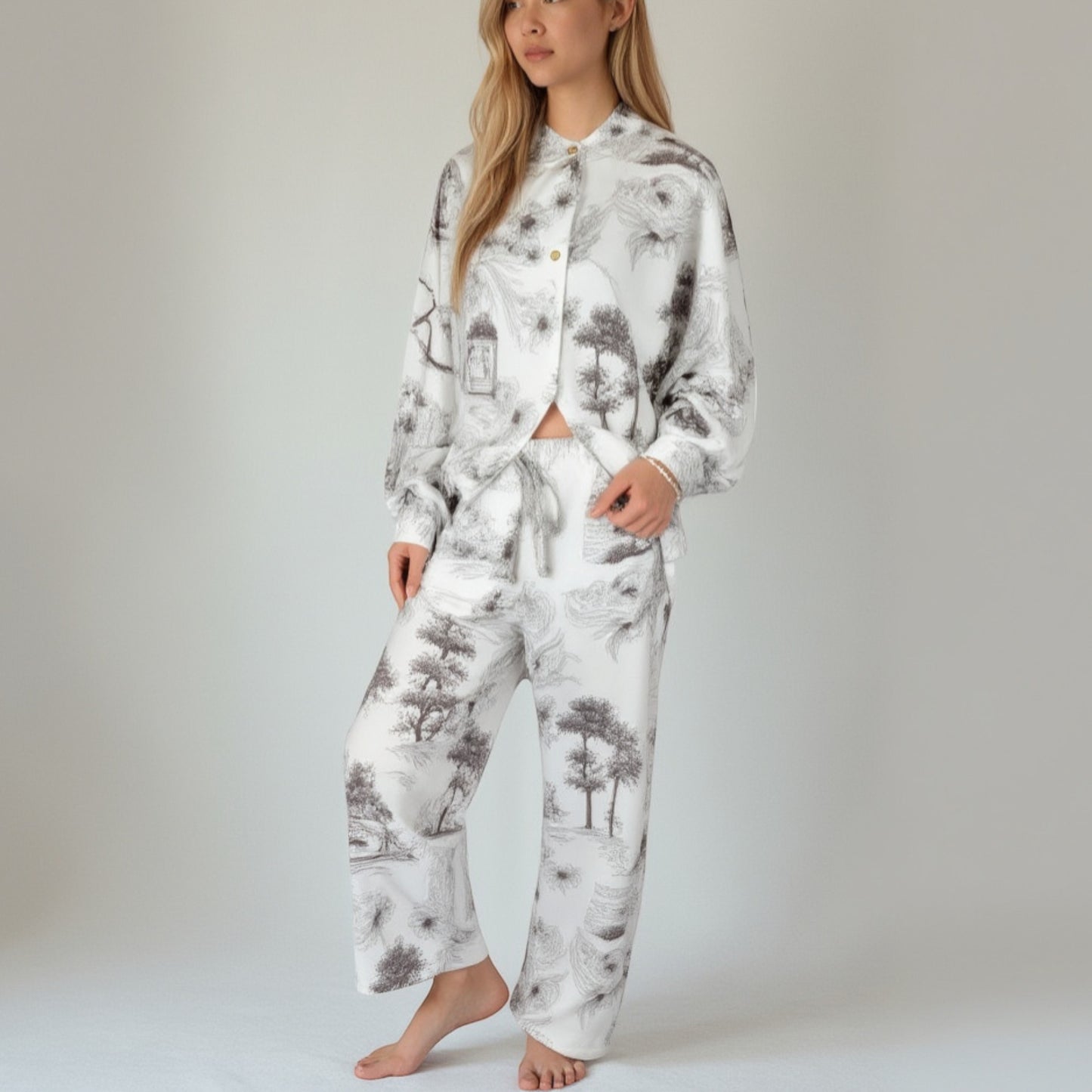 Anna-Kaci Lounge Women's Toile Print Button Up Pajama Set with Long Sleeve Top and Elastic Waist Drawstring Pants