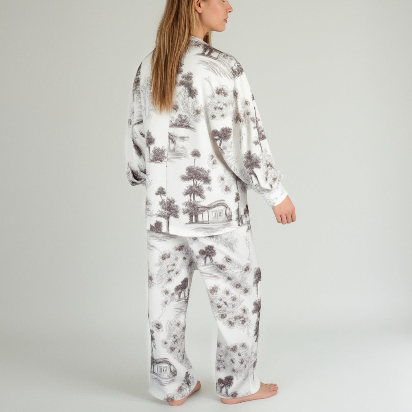 Anna-Kaci Lounge Women's Toile Print Button Up Pajama Set with Long Sleeve Top and Elastic Waist Drawstring Pants
