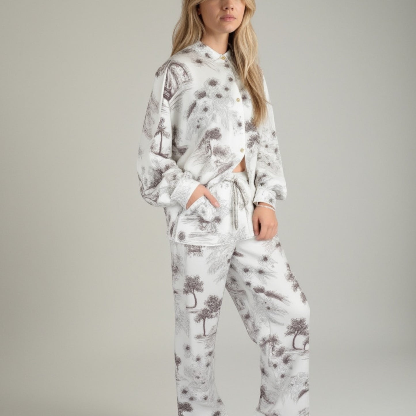 Anna-Kaci Lounge Women's Toile Print Button Up Pajama Set with Long Sleeve Top and Elastic Waist Drawstring Pants