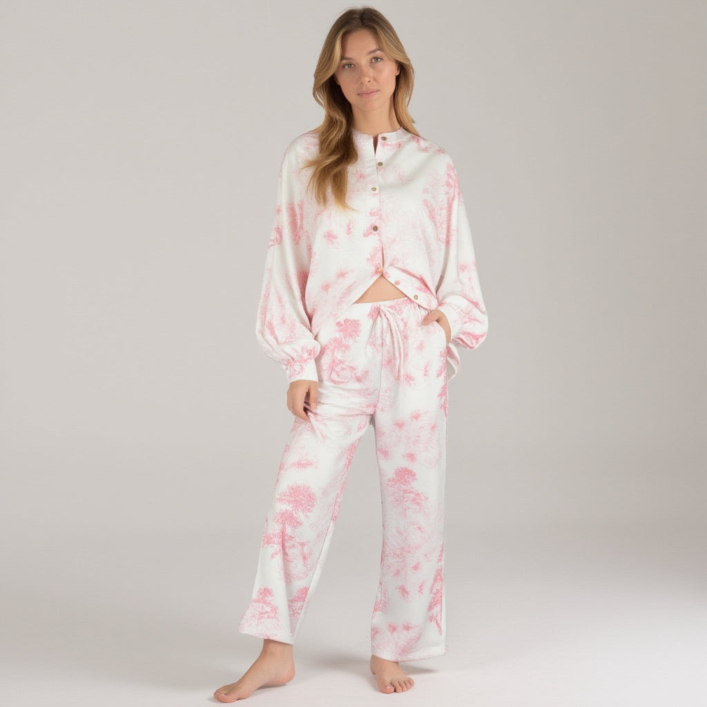 Anna-Kaci Lounge Women's Toile Print Button Up Pajama Set with Long Sleeve Top and Elastic Waist Drawstring Pants
