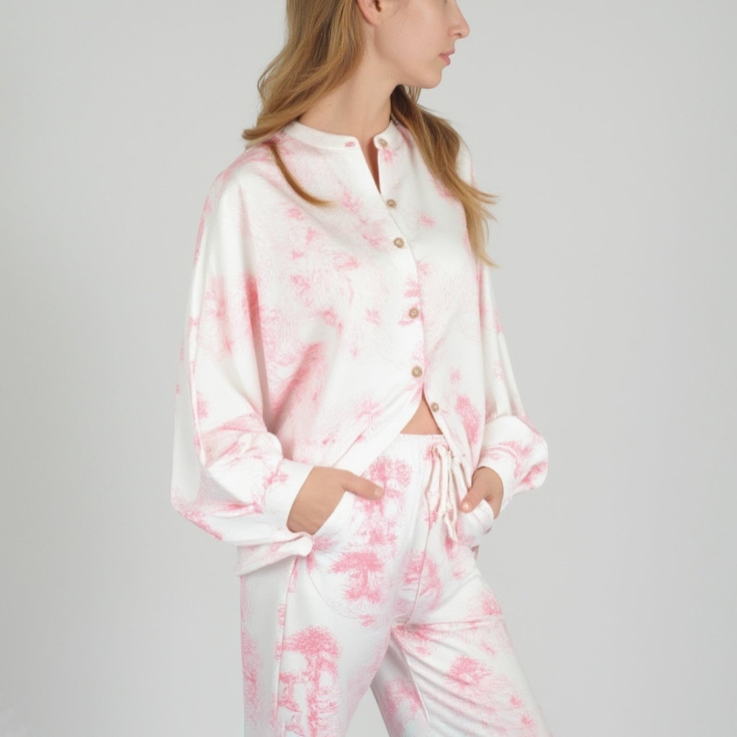 Anna-Kaci Lounge Women's Toile Print Button Up Pajama Set with Long Sleeve Top and Elastic Waist Drawstring Pants