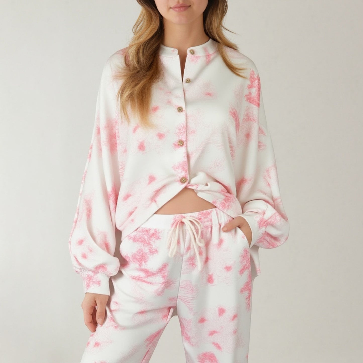 Anna-Kaci Lounge Women's Toile Print Button Up Pajama Set with Long Sleeve Top and Elastic Waist Drawstring Pants