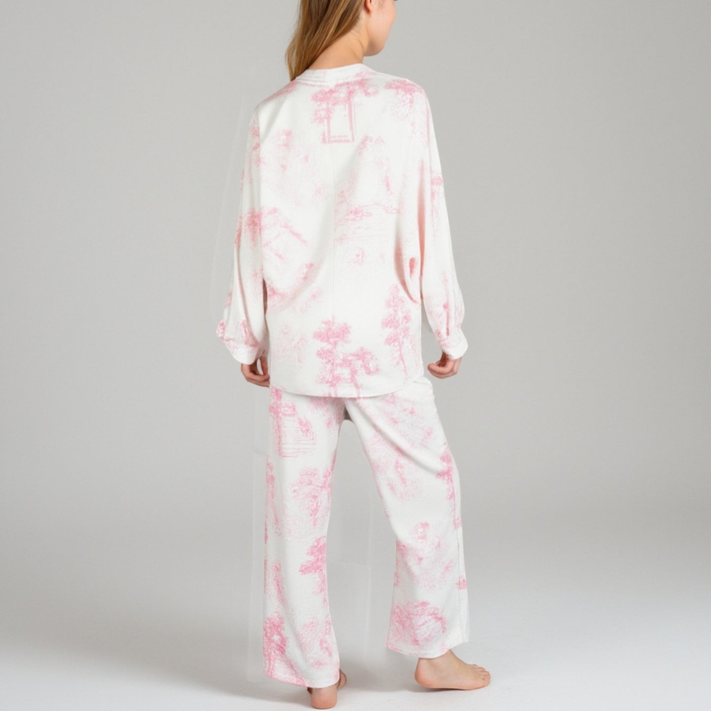Anna-Kaci Lounge Women's Toile Print Button Up Pajama Set with Long Sleeve Top and Elastic Waist Drawstring Pants