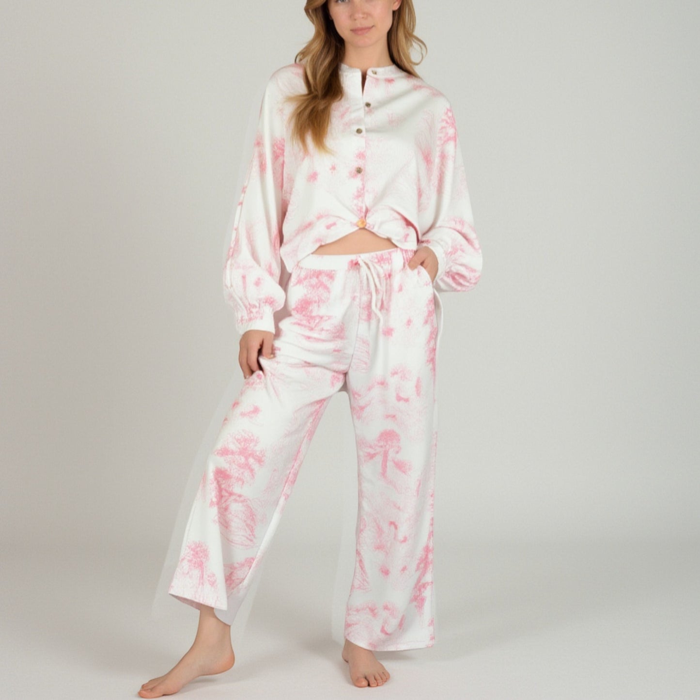 Anna-Kaci Lounge Women's Toile Print Button Up Pajama Set with Long Sleeve Top and Elastic Waist Drawstring Pants