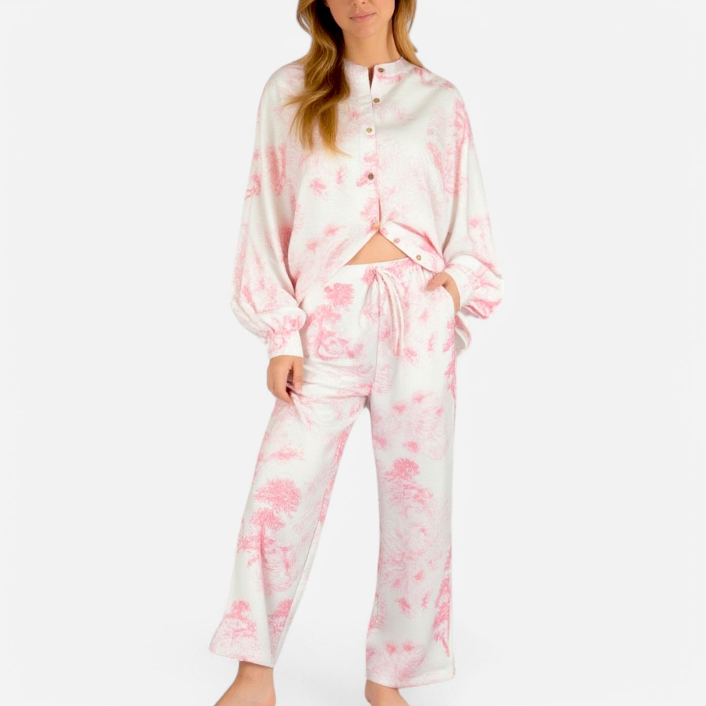 Anna-Kaci Lounge Women's Toile Print Button Up Pajama Set with Long Sleeve Top and Elastic Waist Drawstring Pants