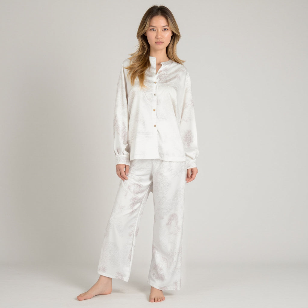 Anna-Kaci Lounge Women's Toile Print Button Up Pajama Set with Long Sleeve Top and Elastic Waist Drawstring Pants