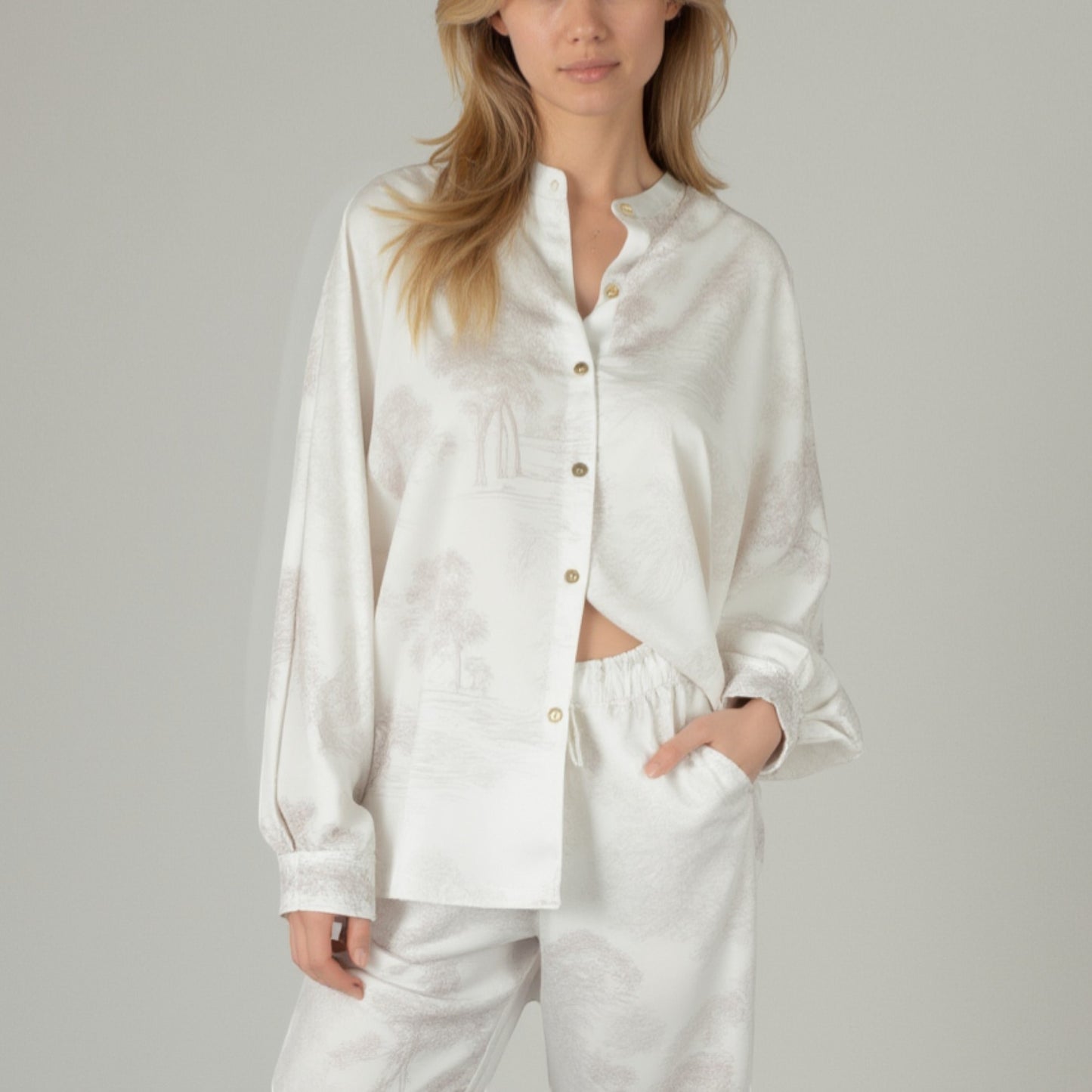 Anna-Kaci Lounge Women's Toile Print Button Up Pajama Set with Long Sleeve Top and Elastic Waist Drawstring Pants