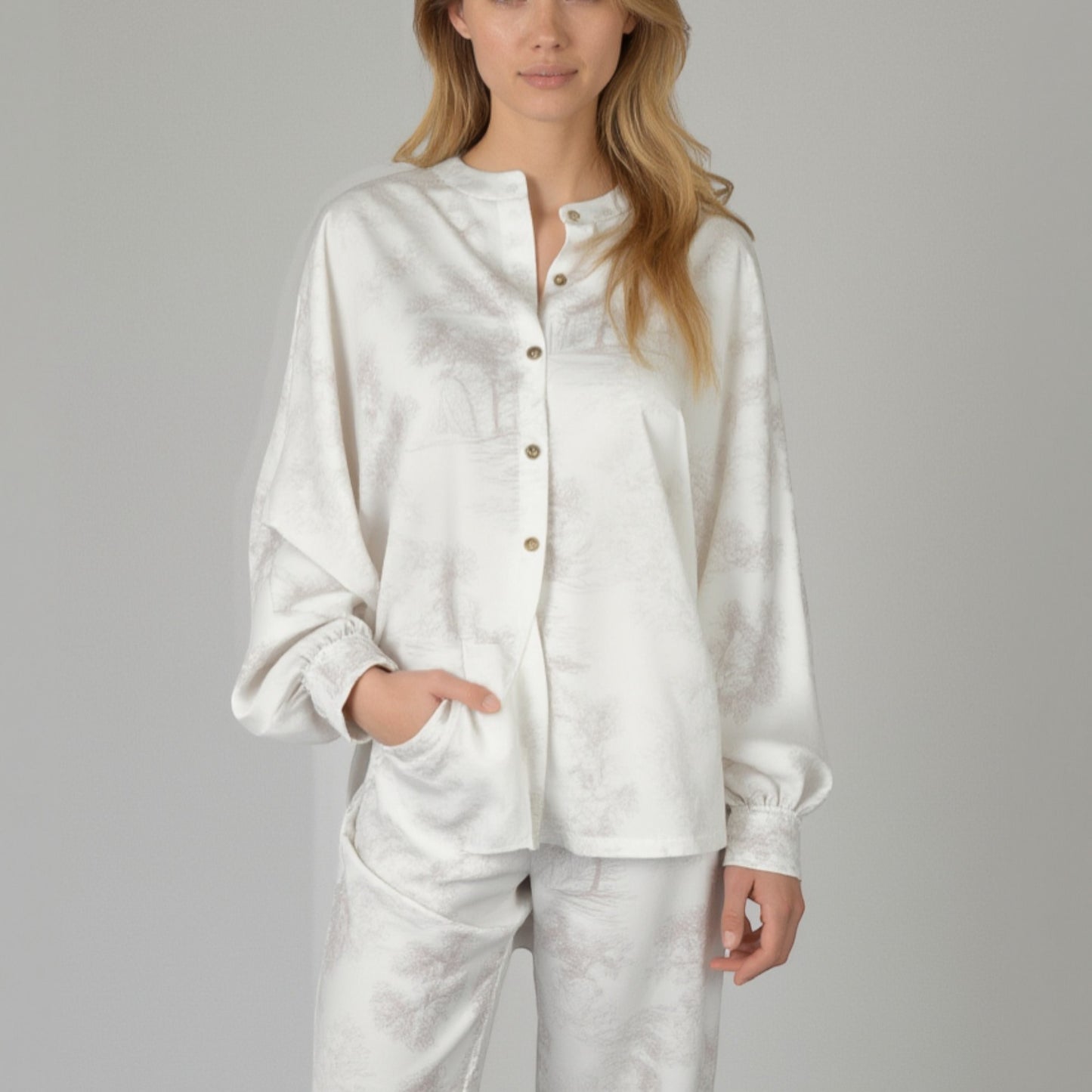 Anna-Kaci Lounge Women's Toile Print Button Up Pajama Set with Long Sleeve Top and Elastic Waist Drawstring Pants